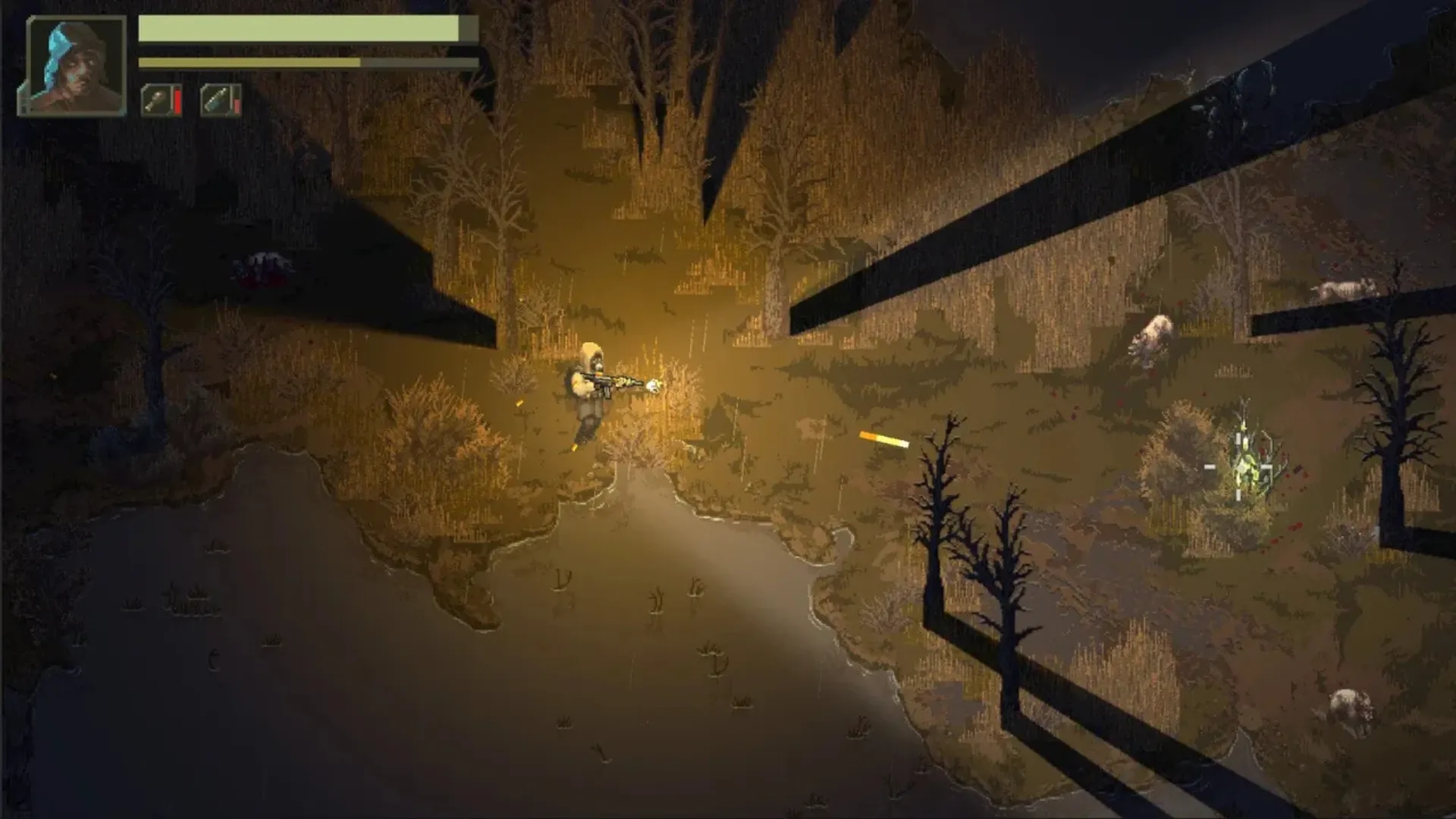 Scavland player fighting enemies in a dark forest affected by the Mist