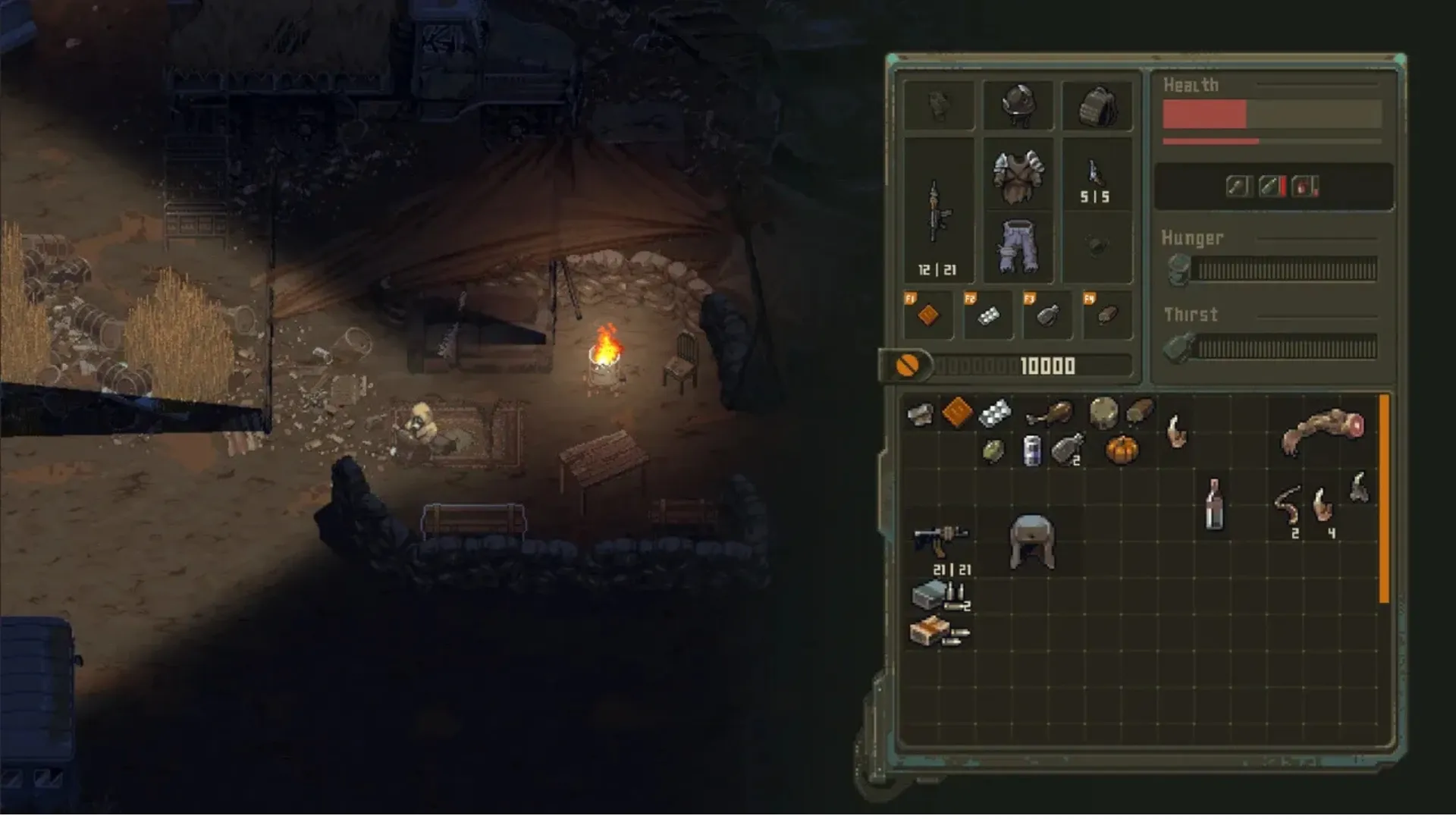 Scavland inventory screen showing weapons, equipment, health, hunger and thirst