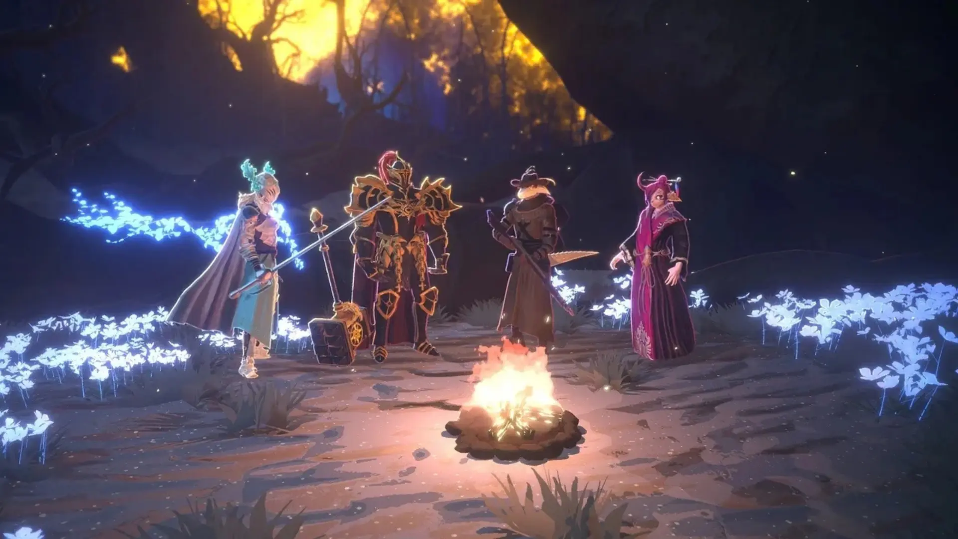 Four Shape of Dreams Travelers stand around a campfire surrounded by glowing flowers
