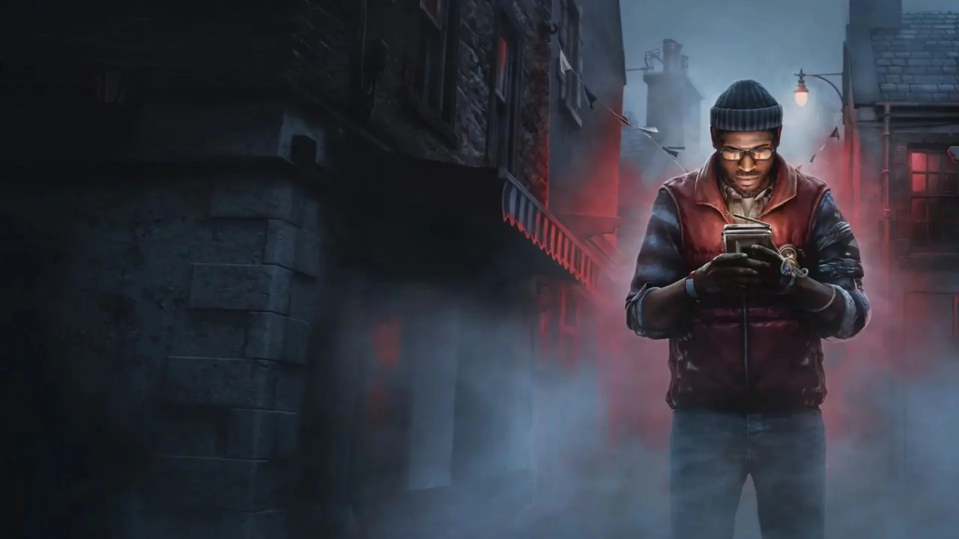 Simon Ordell checks his handheld device on a foggy street in Silent Hill: Townfall.