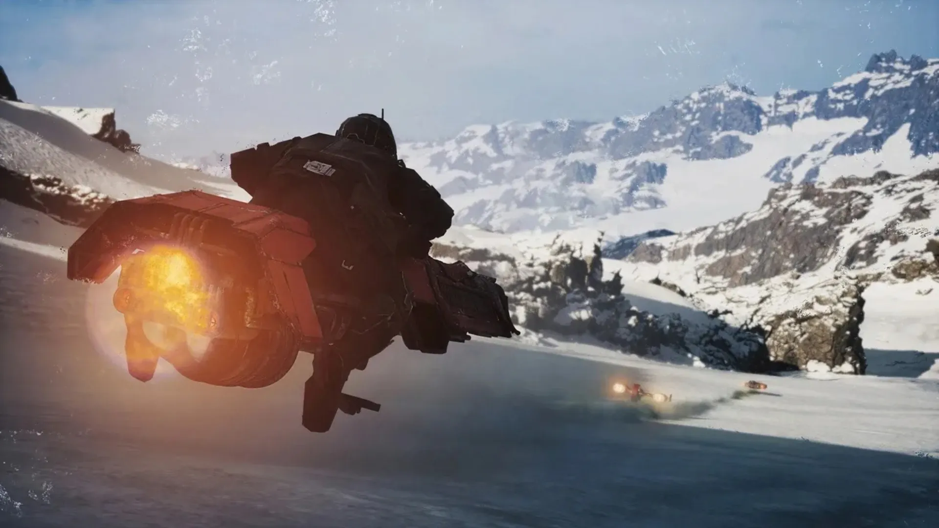 A repulsorcraft races across a snowy mountain course in Star Wars: Galactic Racer