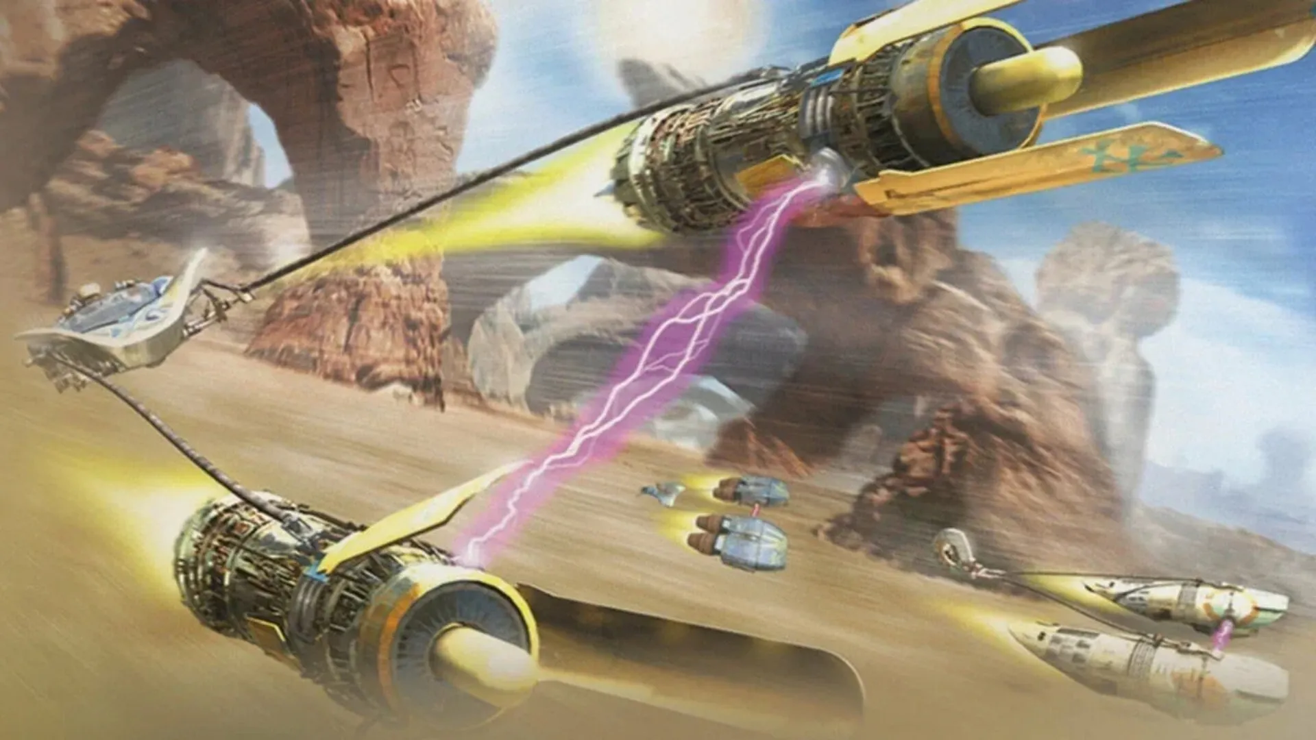 Podracers competing across a desert course in Star Wars Episode I: Racer