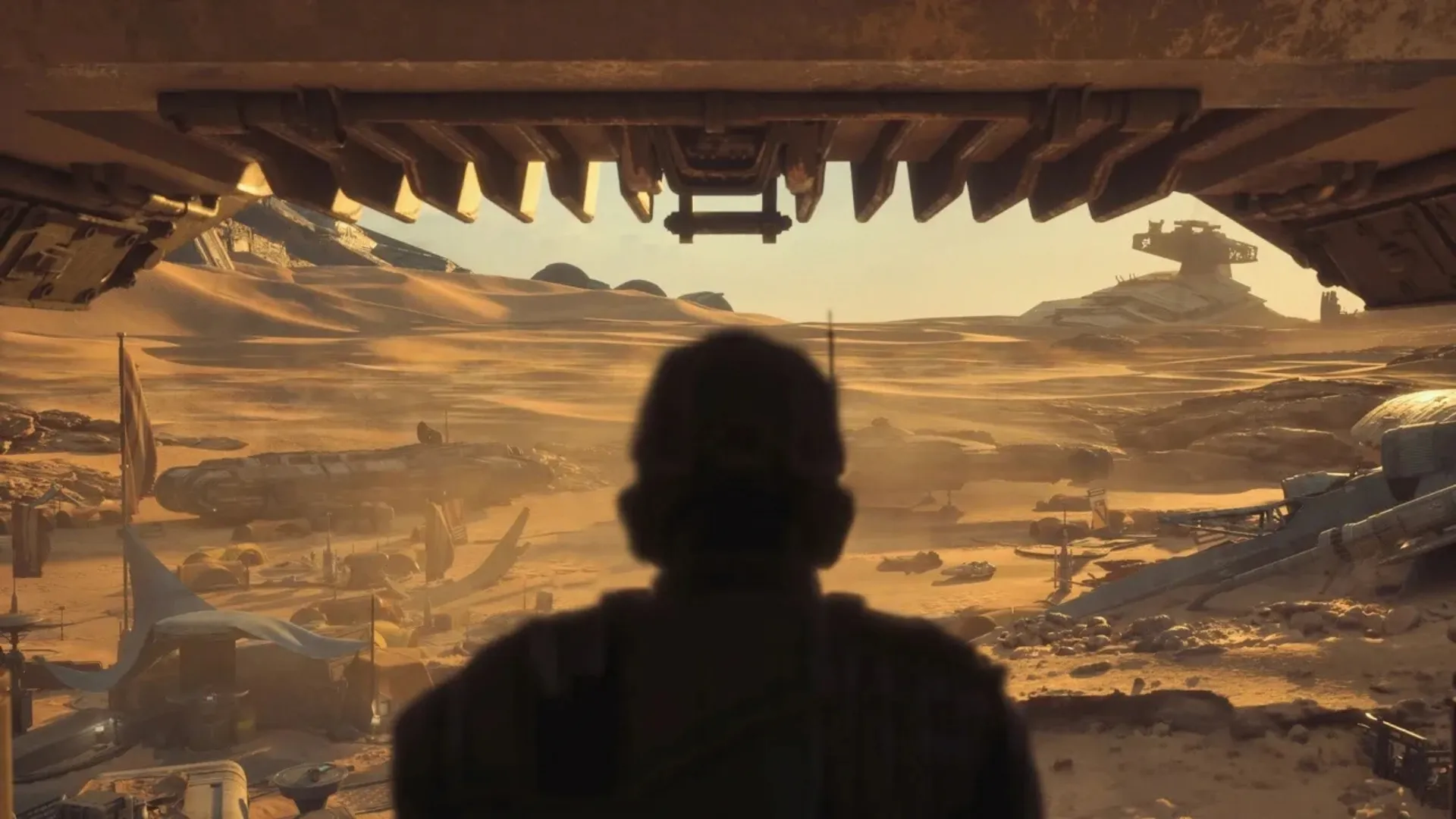 Racer overlooking a desert settlement in Star Wars: Galactic Racer