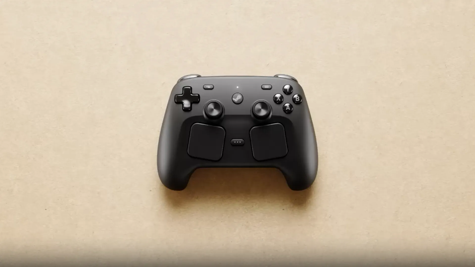 Valve Steam Controller with dual thumbsticks, trackpads, D-pad and ABXY buttons on a beige background.
