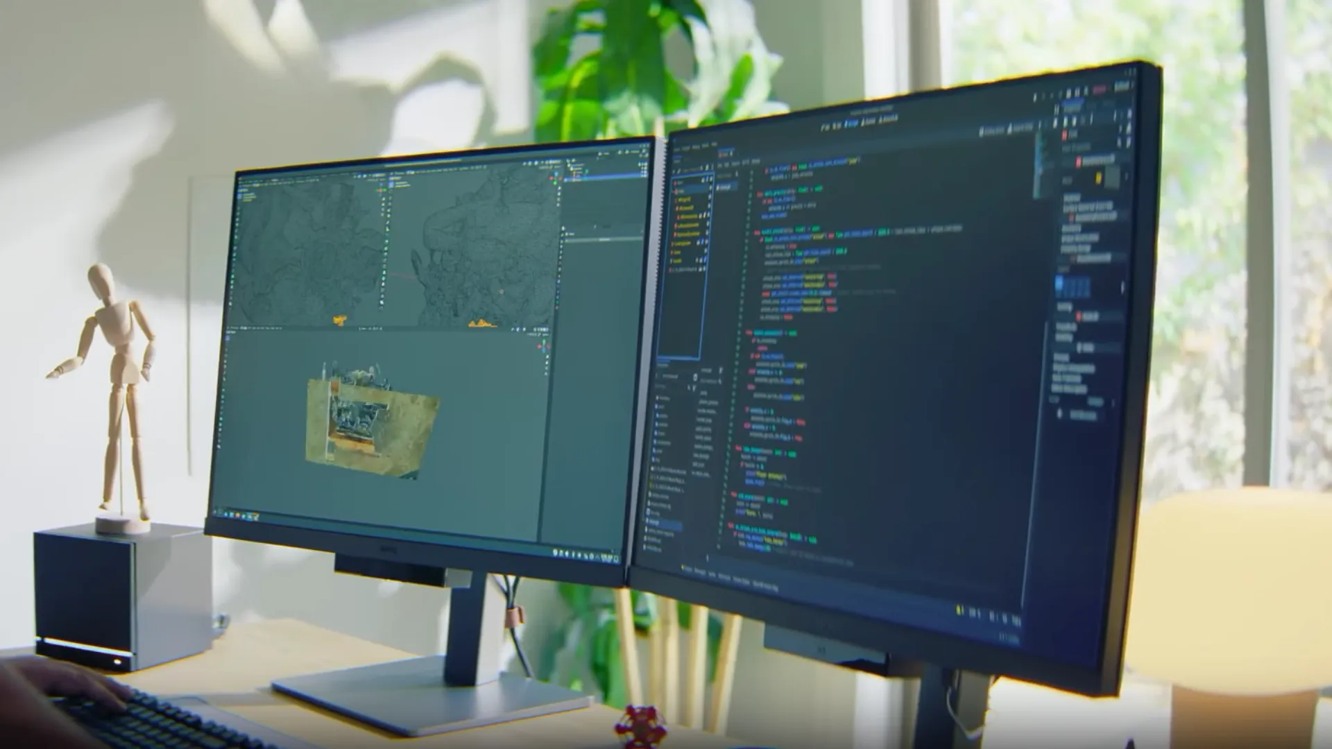 A Steam Machine sits beside two monitors displaying development software in a desktop PC workspace.