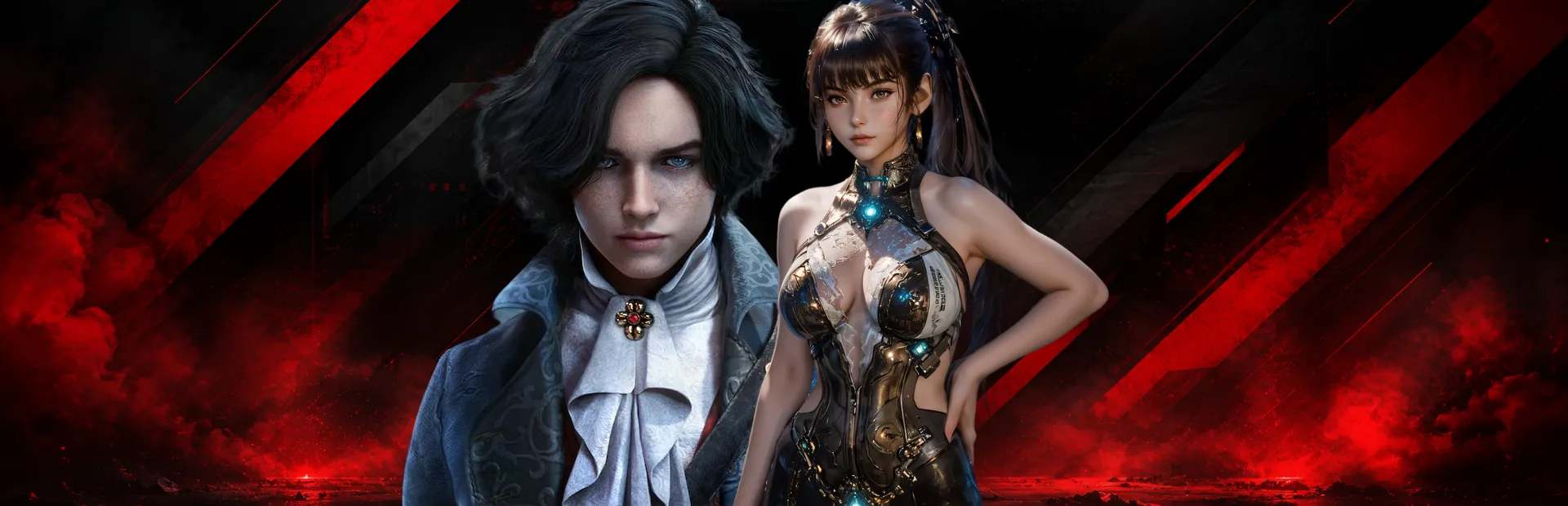 The Lies of P protagonist and EVE from Stellar Blade appear together against a red-and-black backdrop.