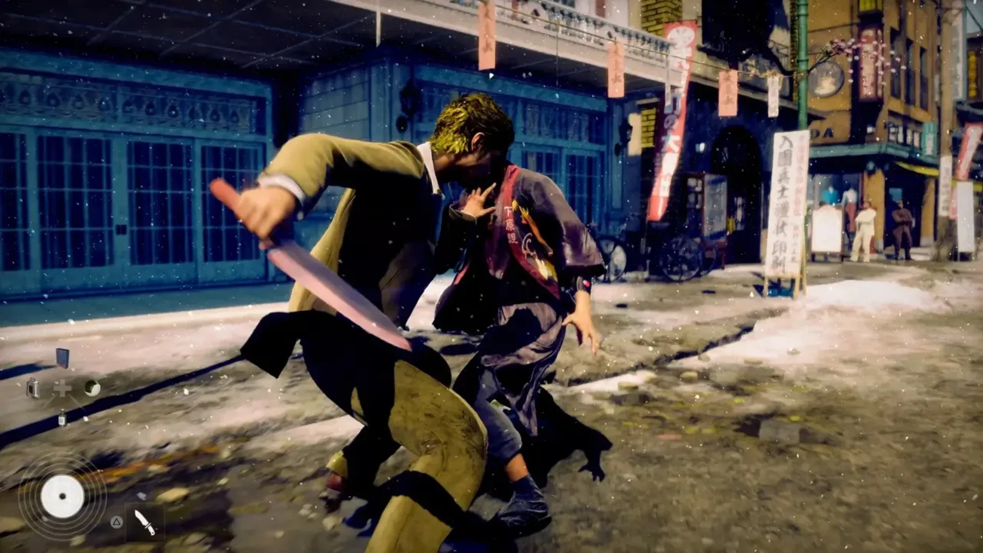 Makoto Daito fights an opponent with a knife on a snowy street in Stranger Than Heaven.