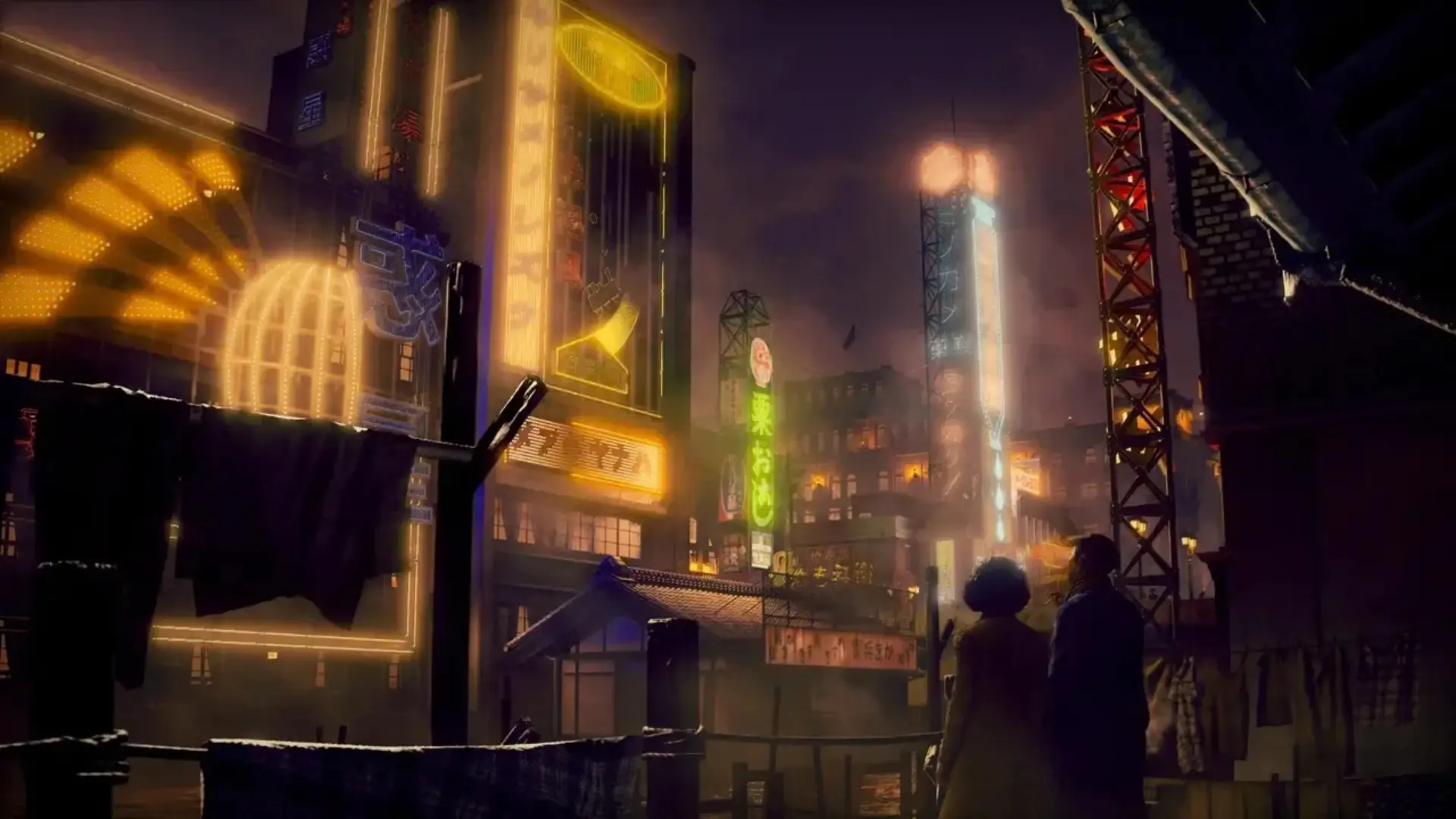Two figures overlook a neon-lit Japanese city at night in Stranger Than Heaven