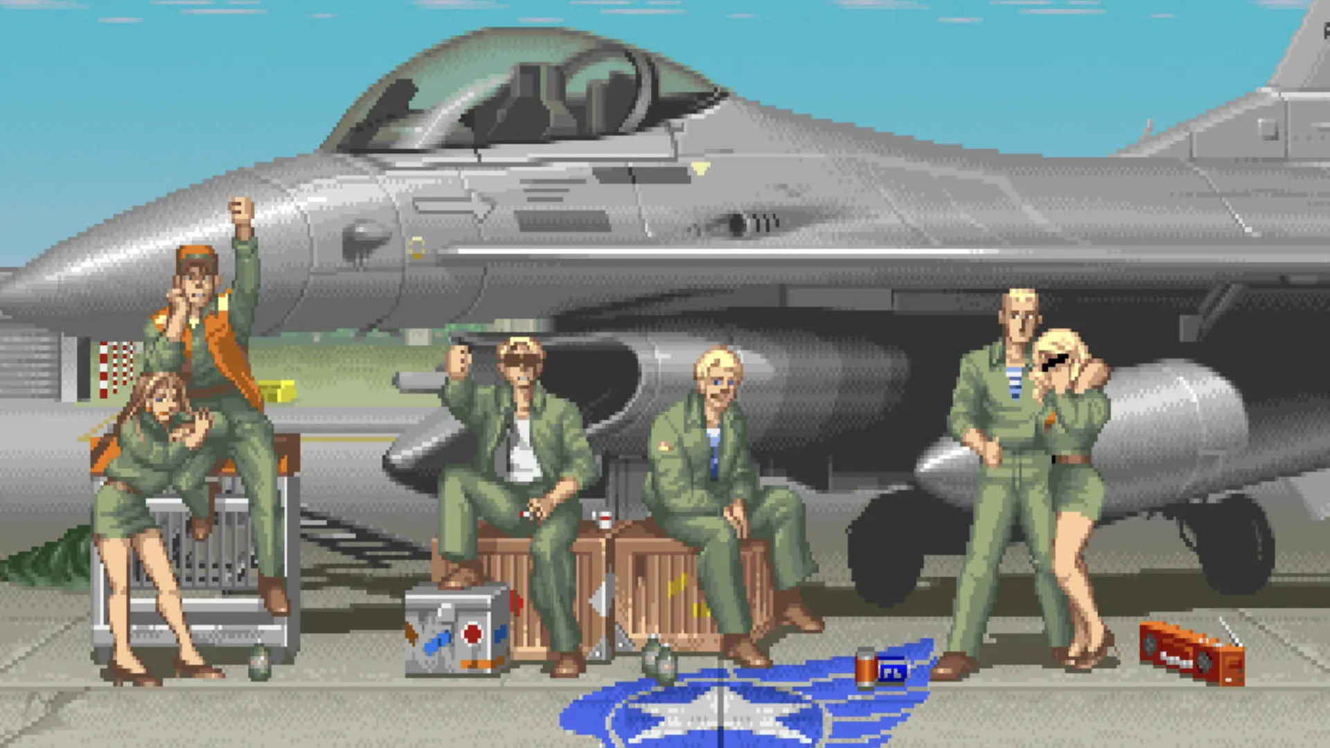 Pixel art Street Fighter II scene with characters standing in front of a fighter jet