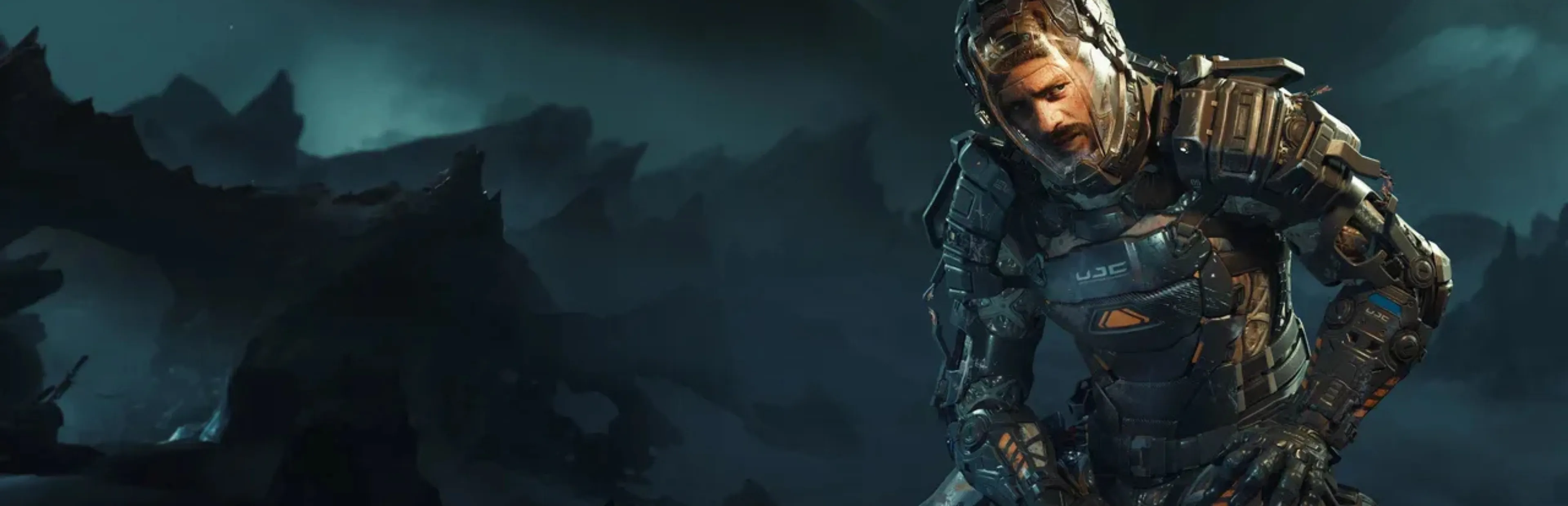 Jacob Lee kneels in an armored suit on the surface of Callisto