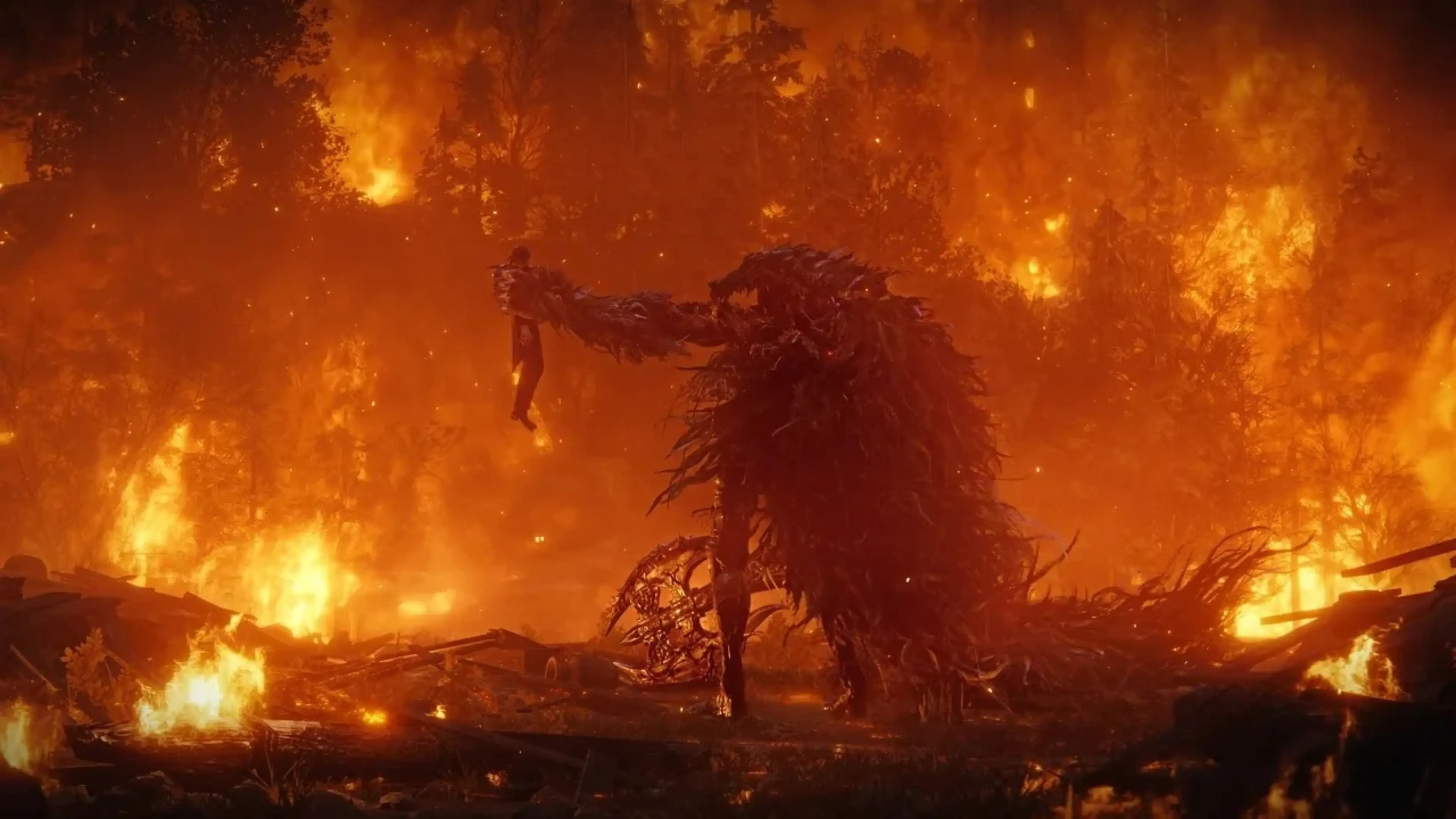 A huge, spiked monster lifts a human figure above burning trees and debris in The Duskbloods.