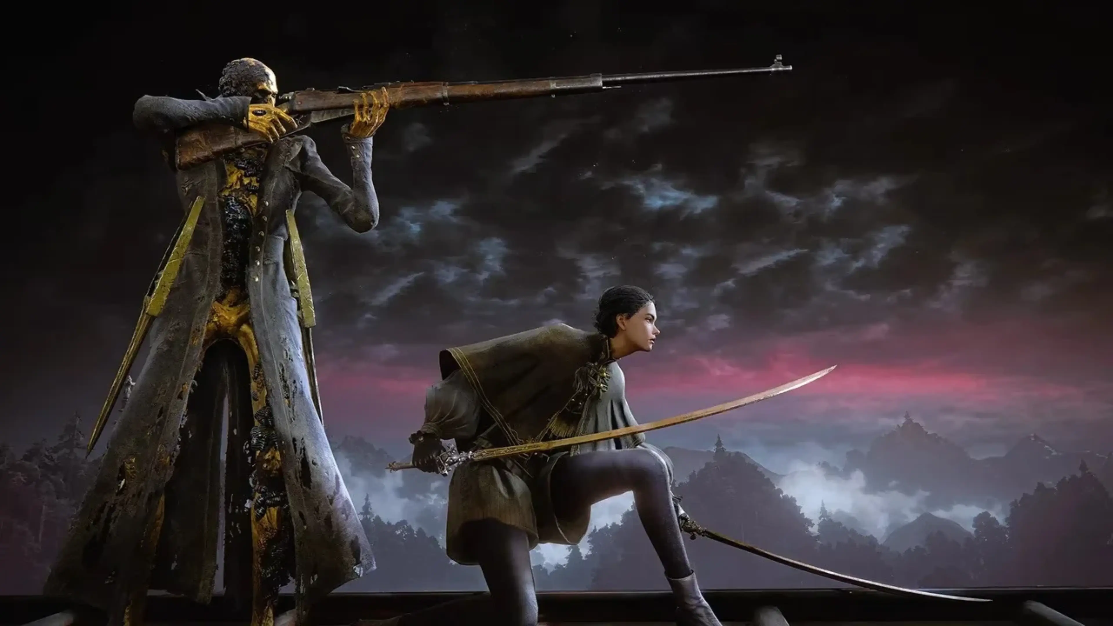A skull-faced fighter aims a long rifle while another crouches with a sword beneath dark storm clouds in The Duskbloods.