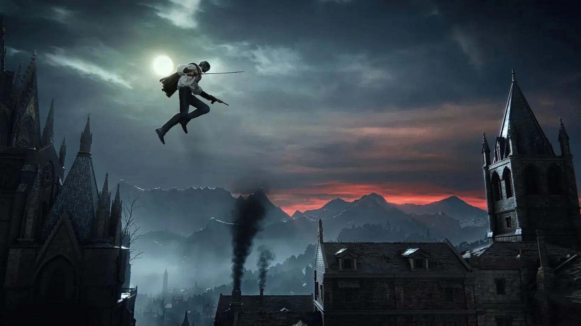 The Duskbloods character leaping above a gothic city