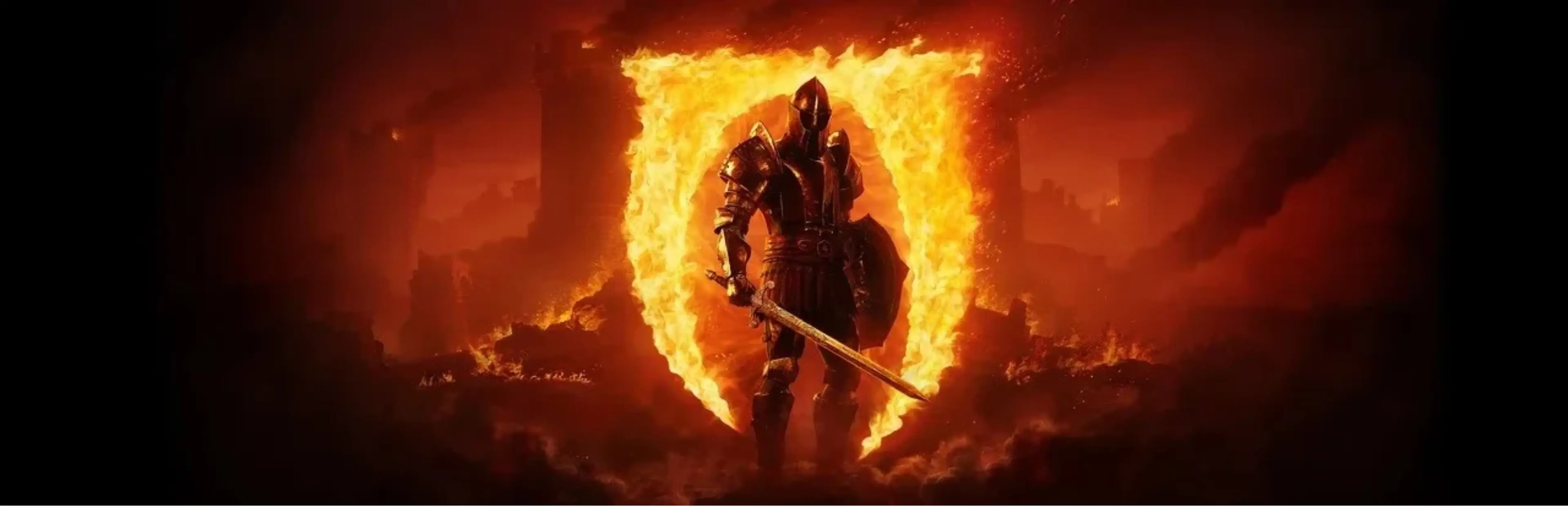 Armored warrior stands in front of a burning Oblivion gate