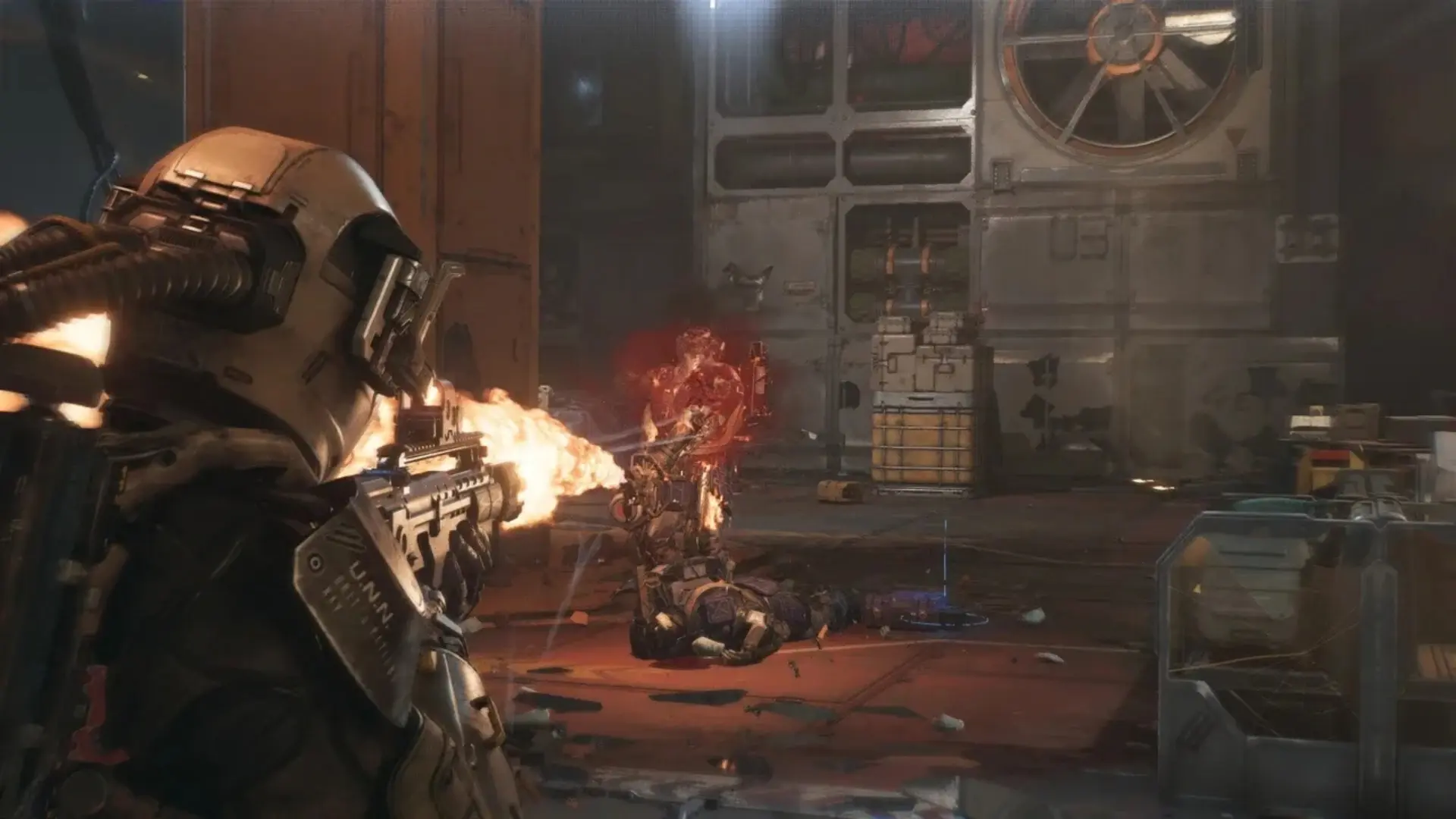 An armored character fires at a burning enemy inside a facility in The Expanse: Osiris Reborn