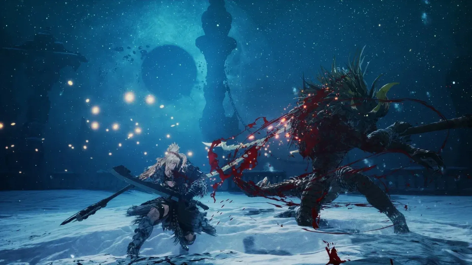 Khazan battles a large armored monster in a snowy arena in The First Berserker: Khazan.