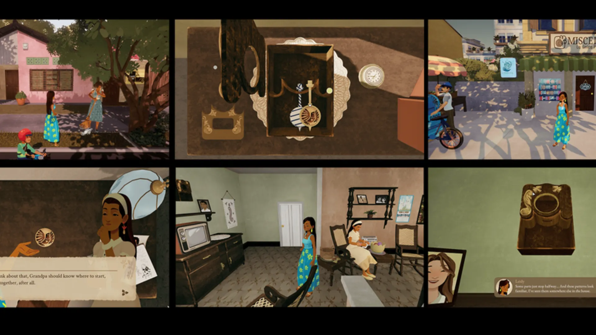 Alt Text: Scenes from The Forgotten Ones show Leidy exploring homes, streets and family belongings in Colombia