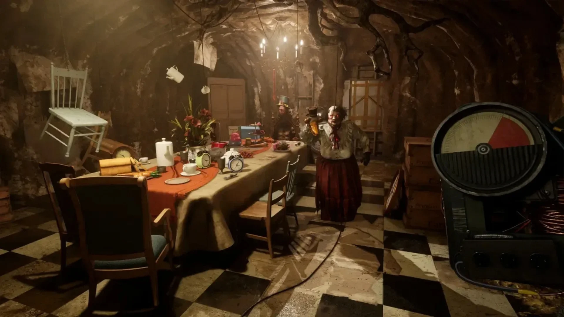 A hostile test subject approaches the player during a Murkoff experiment in The Outlast Trials.