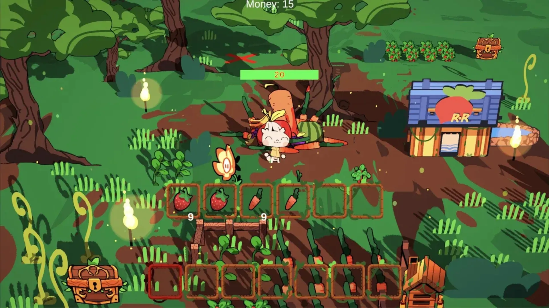 The Rabbit Haul character stands beside crops, inventory slots and a shop in a colorful forest