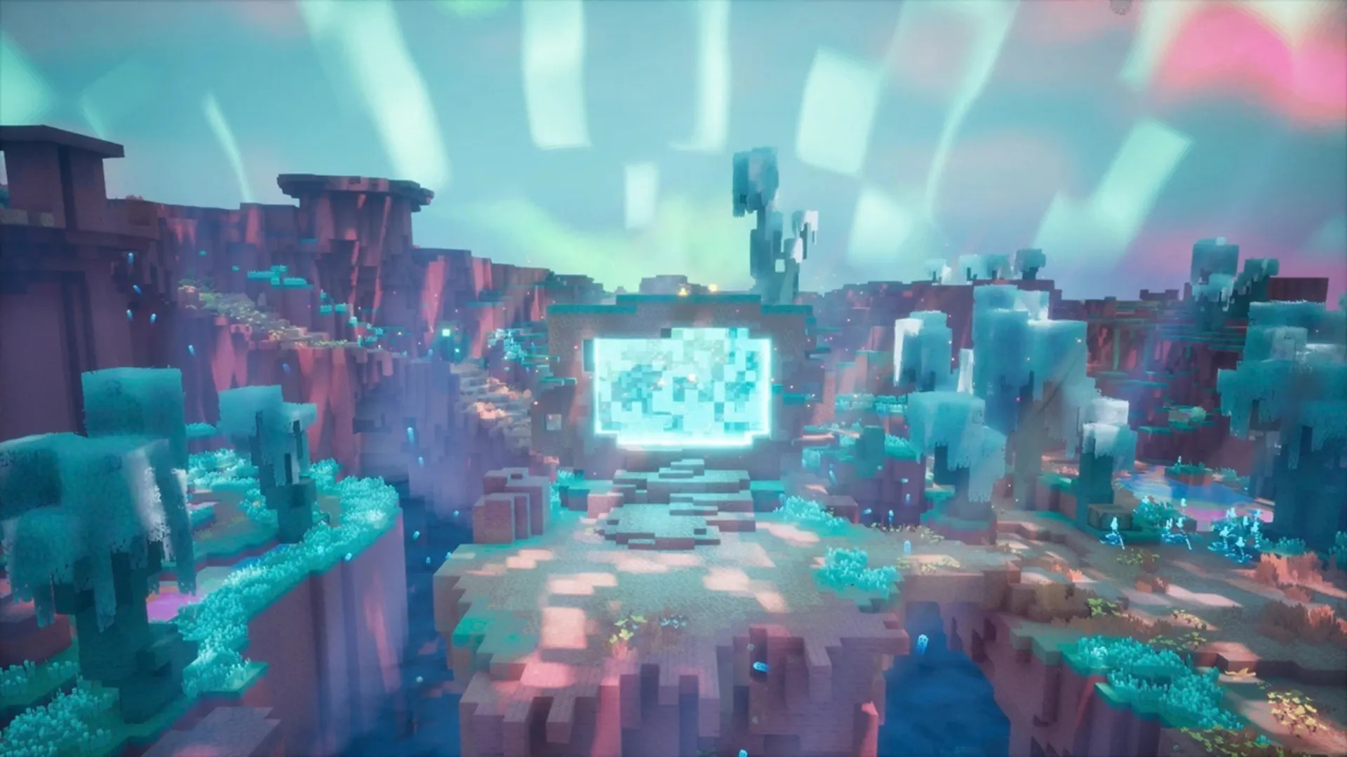 A glowing portal stands among blue vegetation and rocky cliffs in Minecraft's Sift dimension