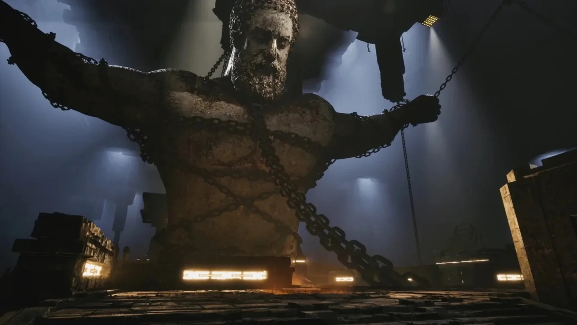 A huge chained humanoid statue towers over the player in The Talos Principle 2.