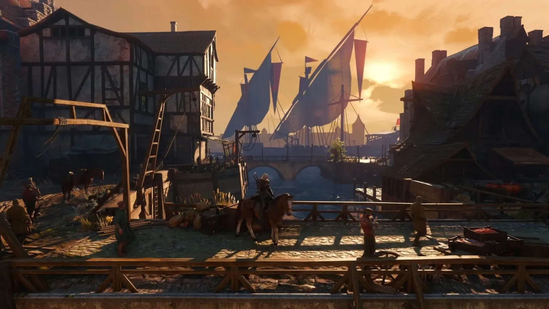 Geralt rides through a harbor district at sunset in The Witcher 3 Remastered