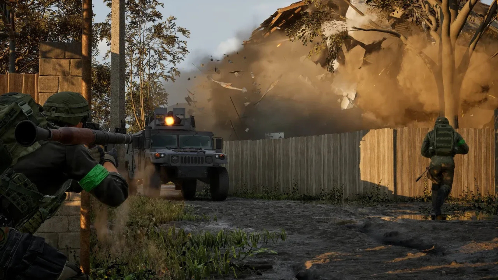 Wardogs soldier with a rocket launcher as a building collapses