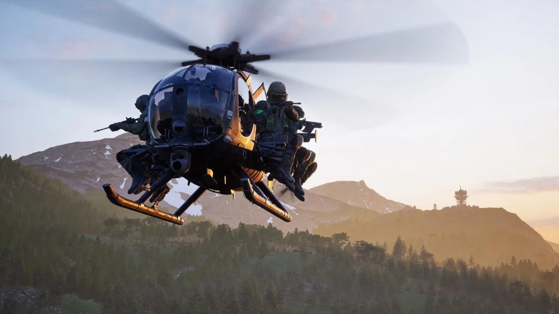 Wardogs soldiers riding on a helicopter above a mountain battlefield