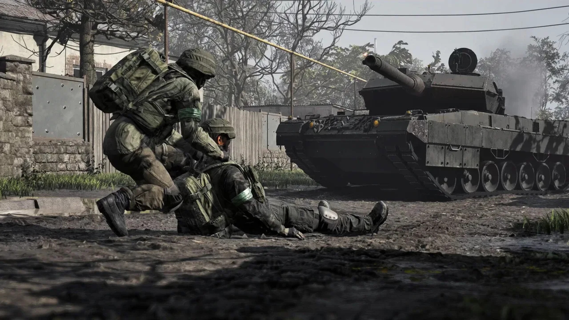 Wardogs player reviving a downed teammate beside a tank