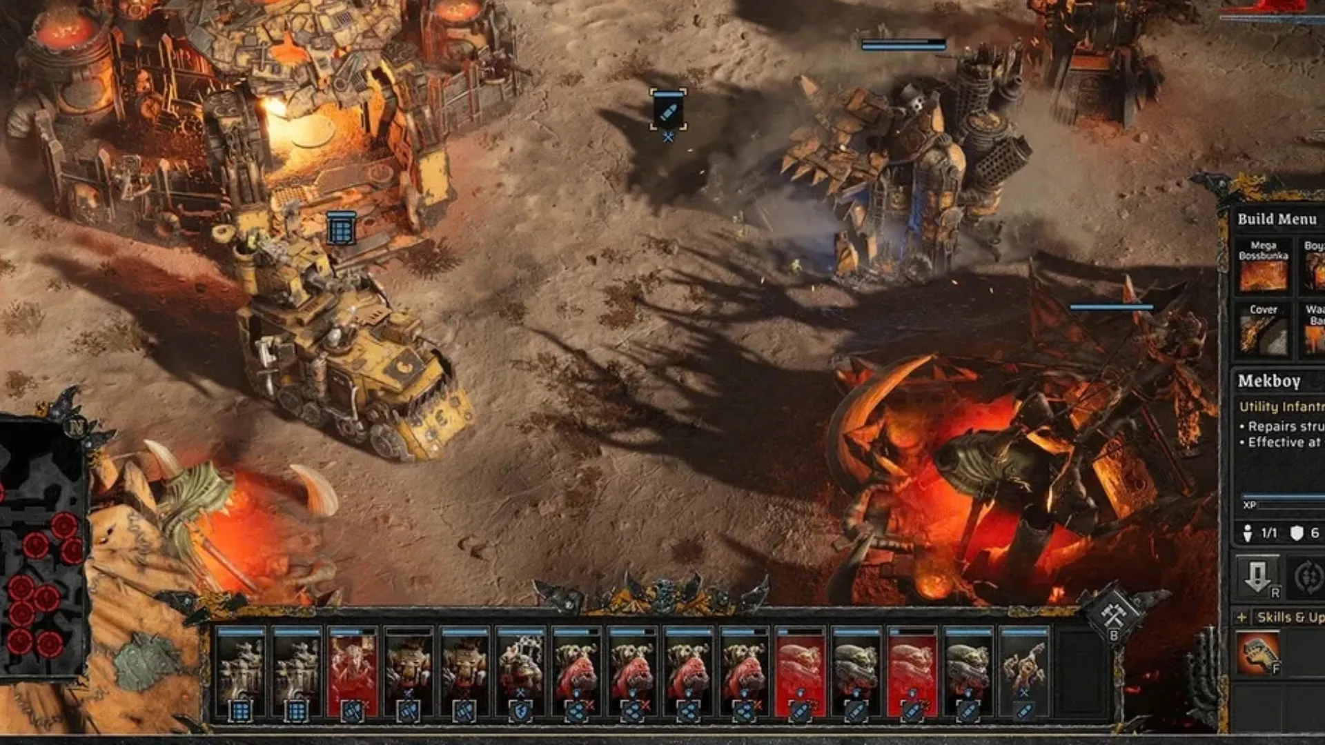 Ork units and vehicles fight across a battlefield in Warhammer 40,000: Dawn of War IV