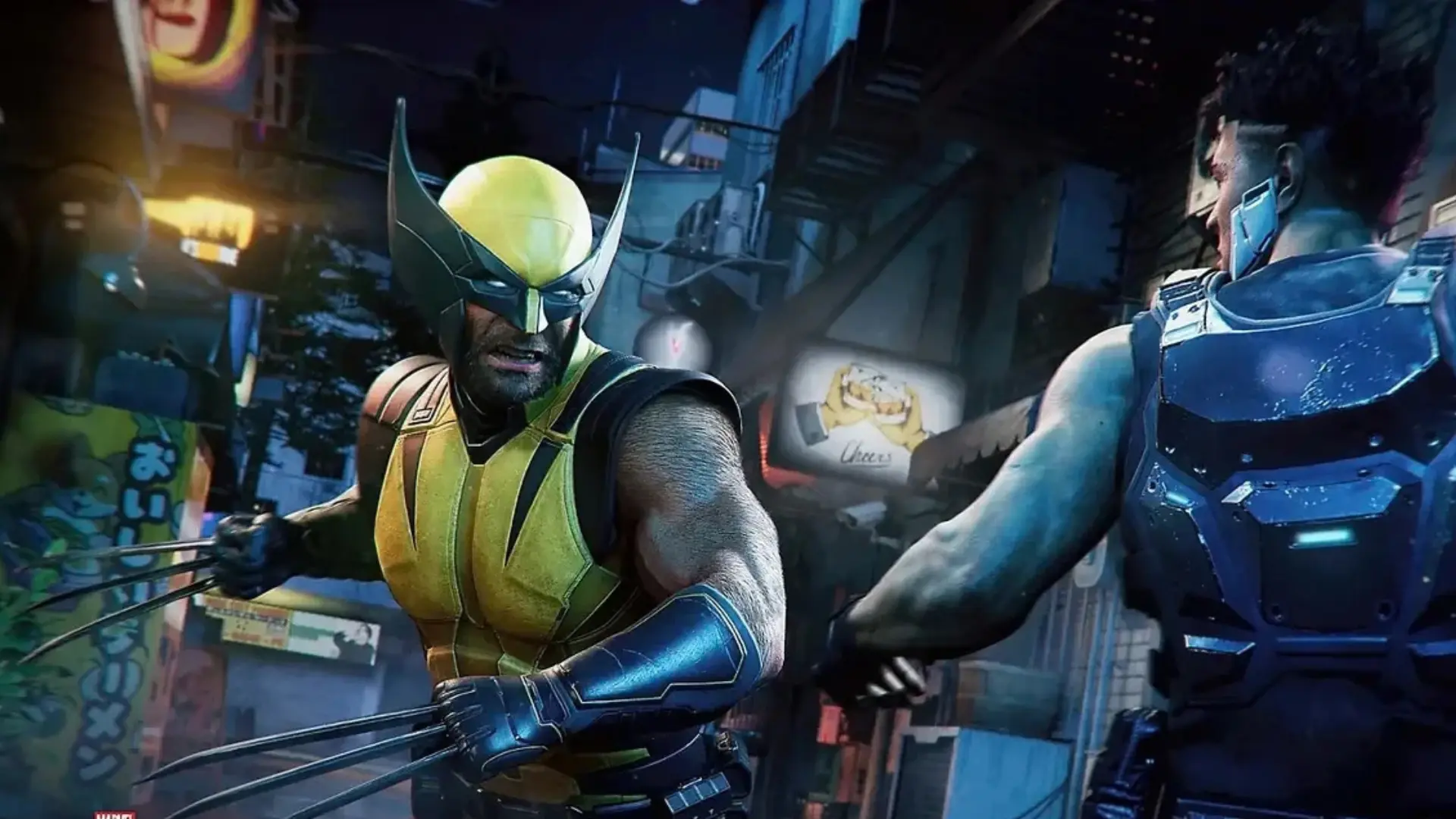 Wolverine extends his claws beside an armored enemy on a neon-lit street in Marvel’s Wolverine