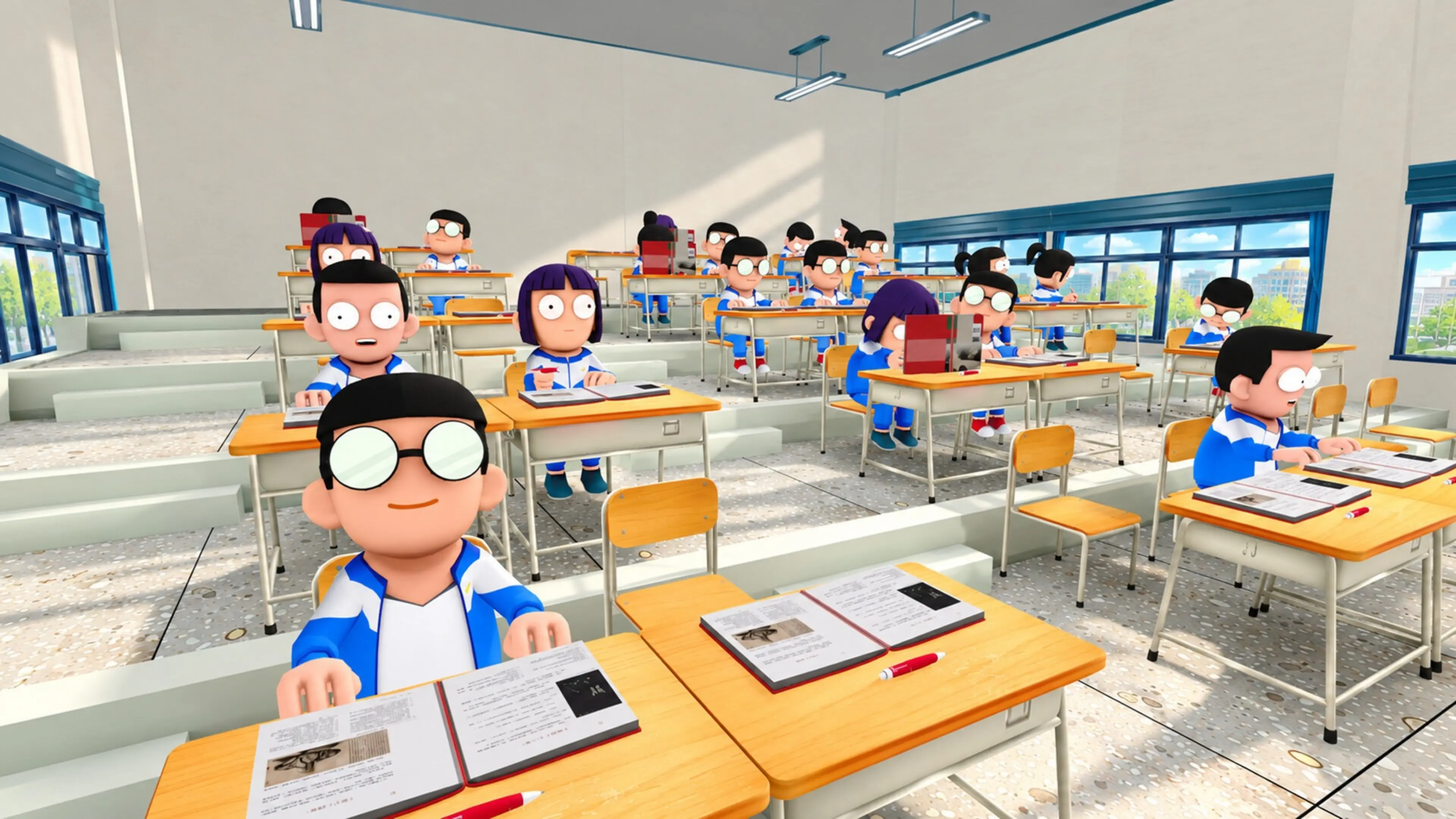 Cartoon students sit at desks inside a classroom in Worst Class Ever