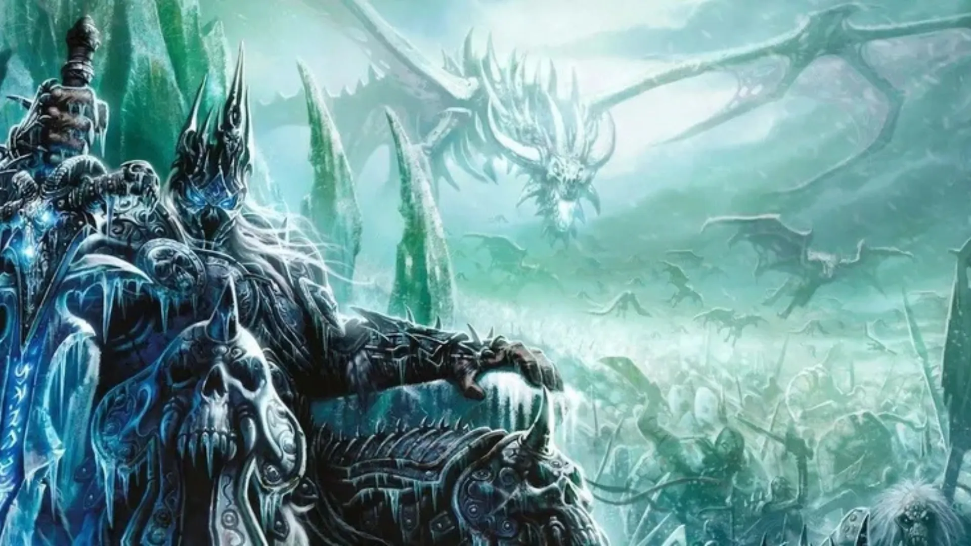 The Lich King sits on the Frozen Throne with Sindragosa and an undead army behind him