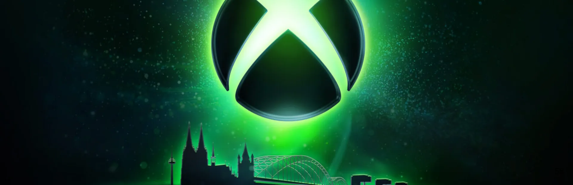 Glowing Xbox logo above a stylized Cologne skyline in an Xbox Gamescom broadcast graphic.