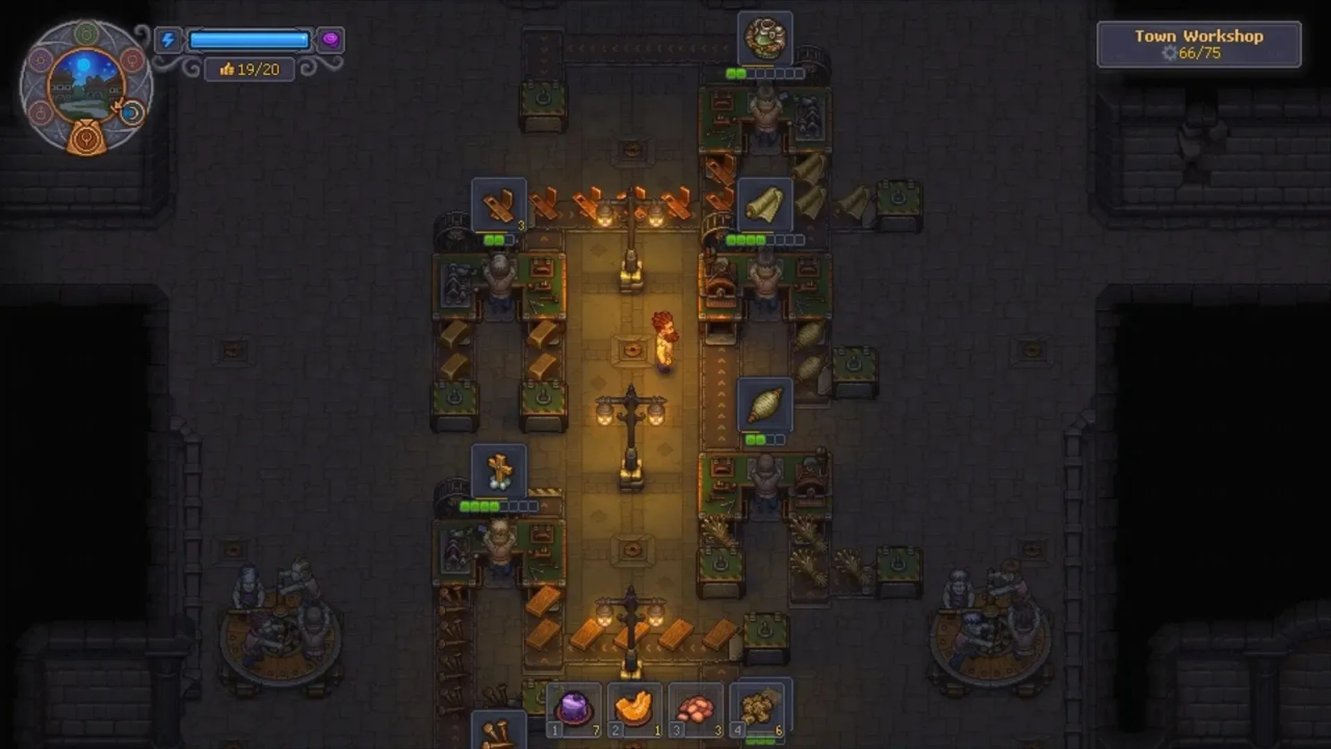 Zombie workers operate crafting stations inside the Graveyard Keeper 2 Town Workshop