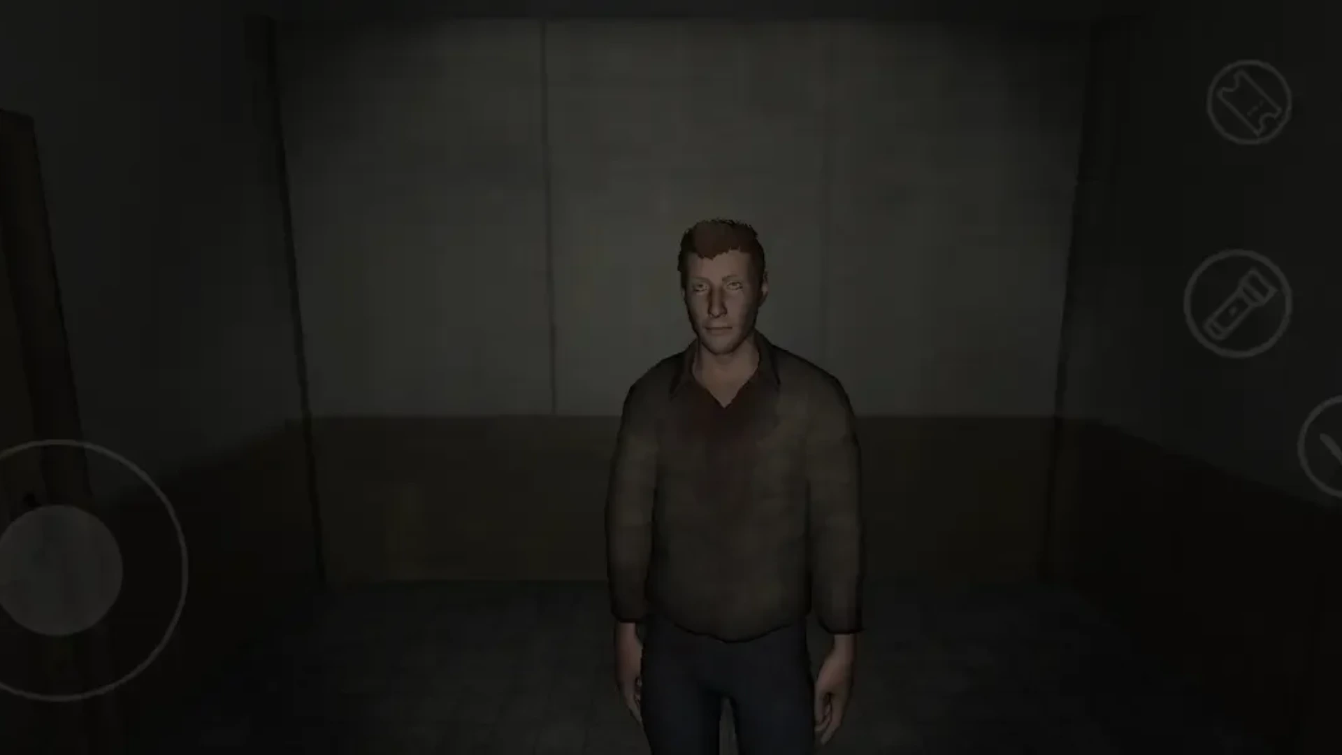 A male character stands inside a dimly lit room with mobile-style gameplay controls visible on screen.
