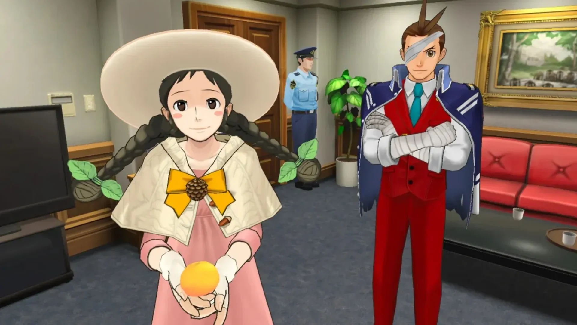 Two Ace Attorney characters stand inside an office, with one holding a round object in both hands.