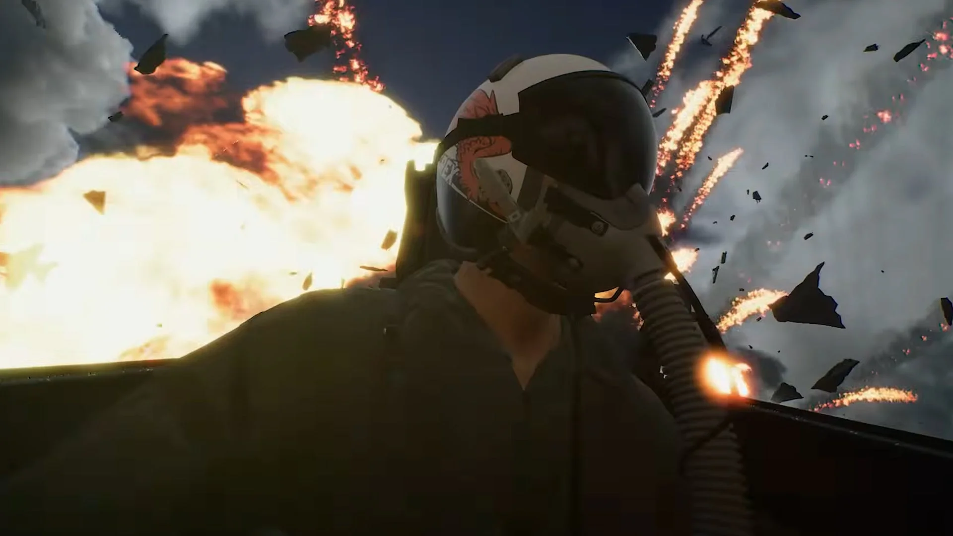 A military pilot sits in a cockpit as an aircraft explodes behind him in Ace Combat 8 HOUR ZERO.