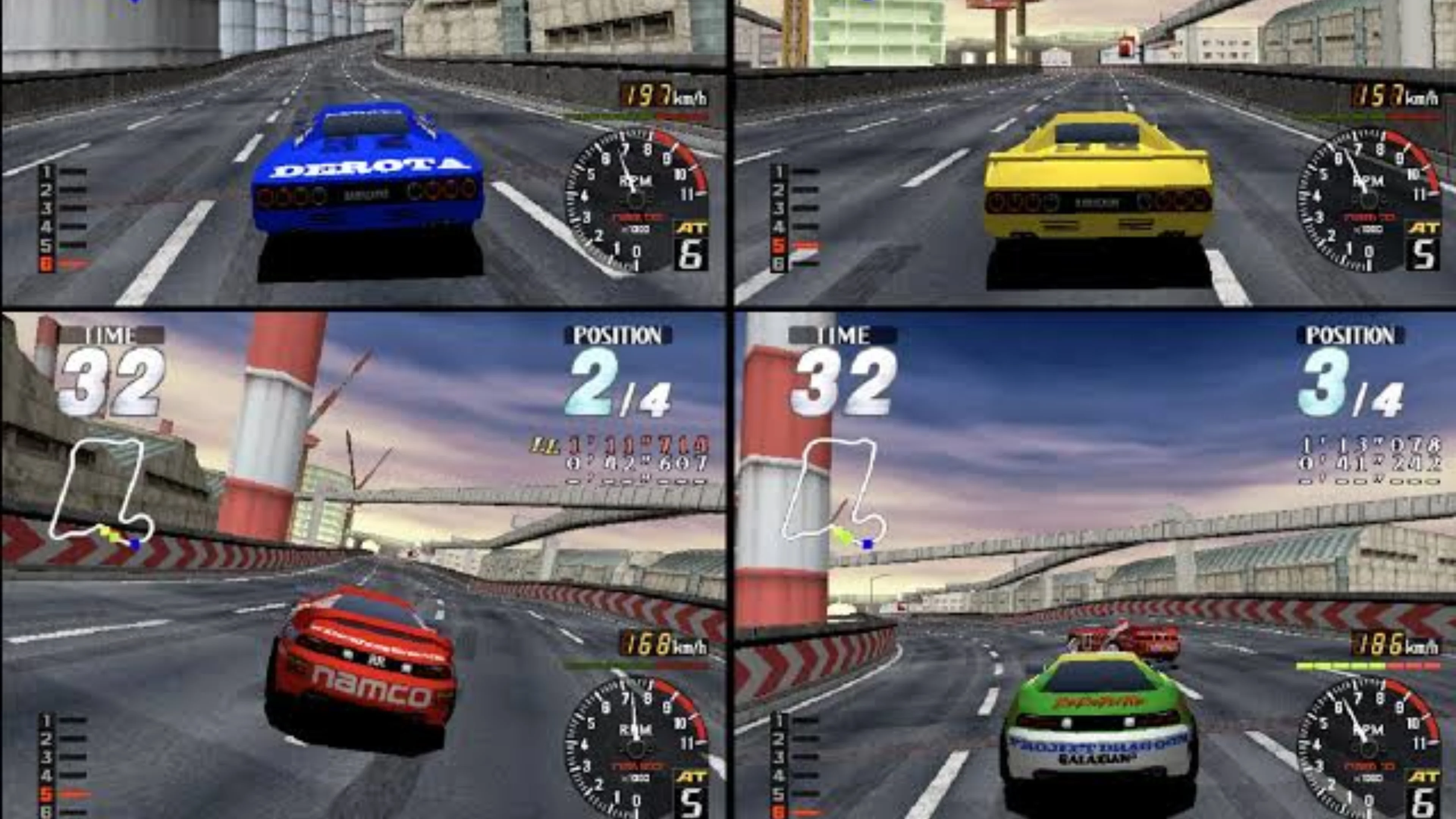 Four-player split-screen racing in Ace Driver Victory Lap, with classic Namco racing cars shown on separate tracks.