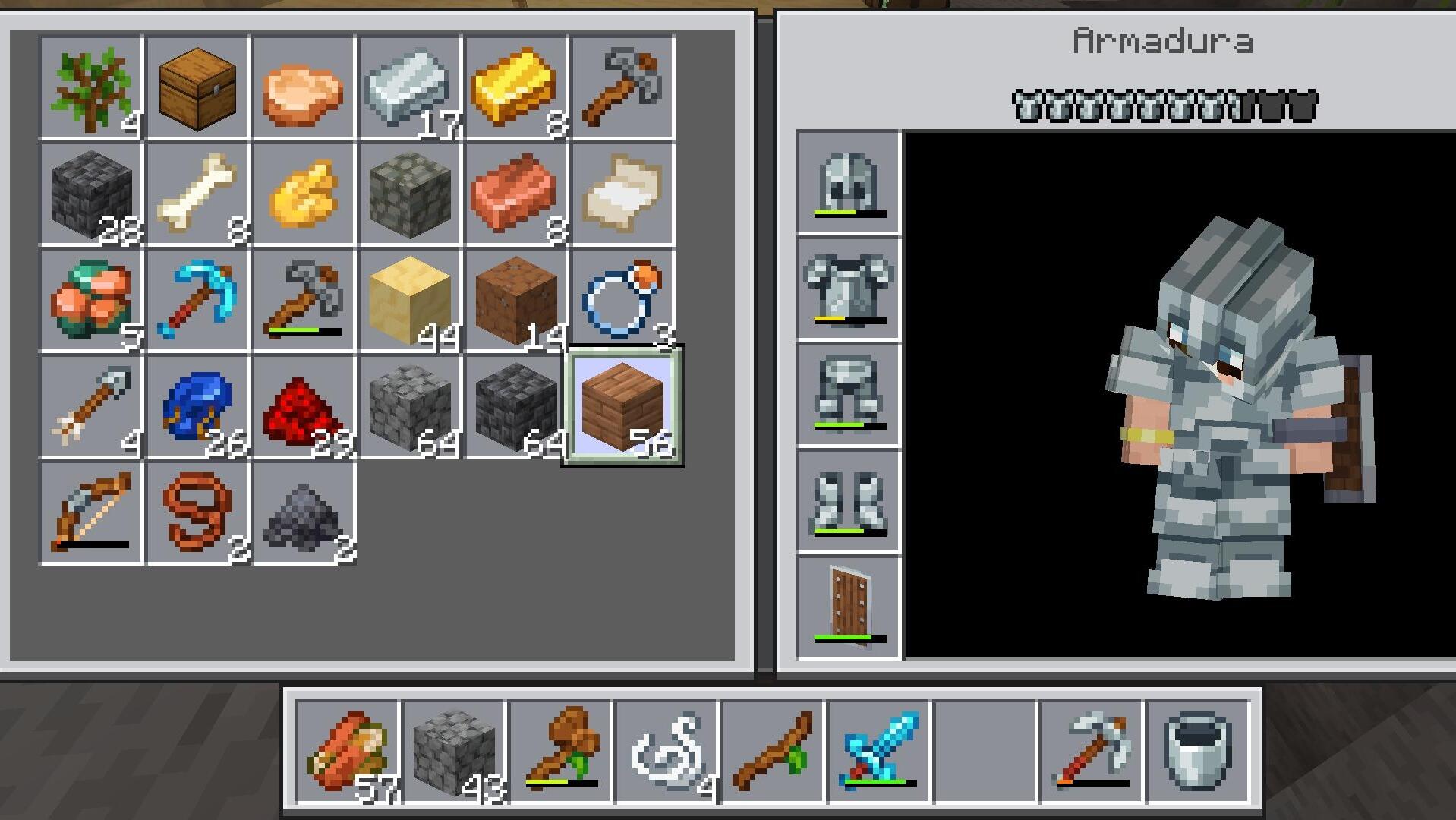 Minecraft Bedrock inventory showing a character wearing redesigned 3D armor from Actions & Stuff.