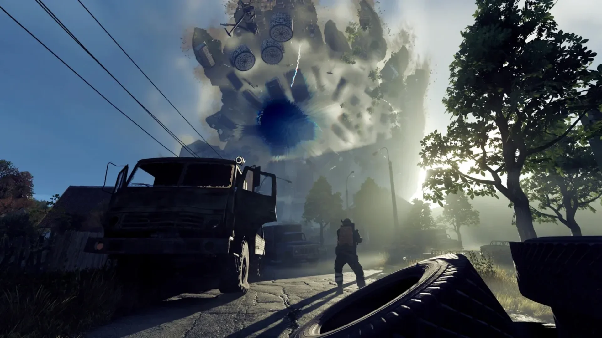 Active Matter operative watches a massive anomaly tear apart the sky above abandoned vehicles.