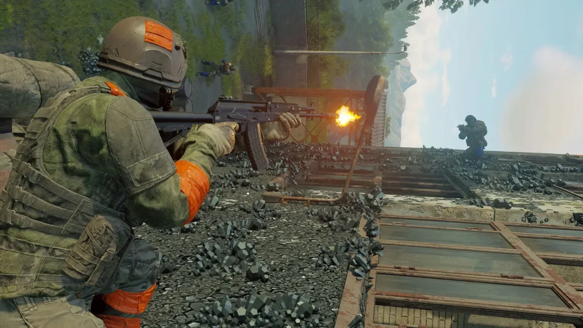 Active Matter operative fires at an enemy across a ruined area during a raid.