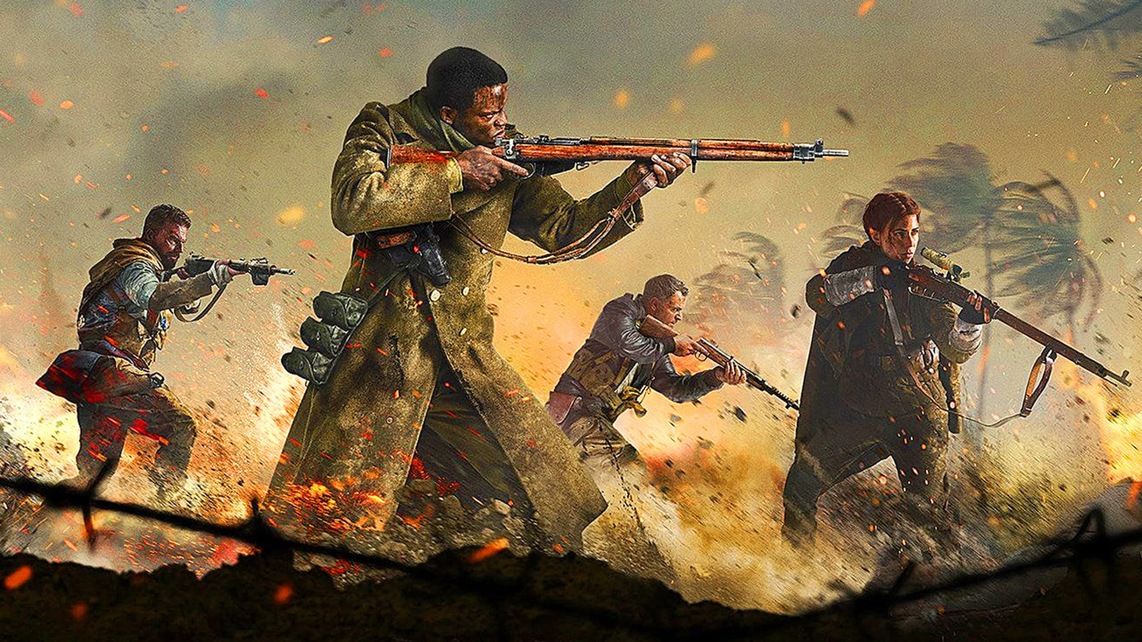 Four Call of Duty soldiers armed with rifles advance through a smoky battlefield filled with explosions and flying debris.