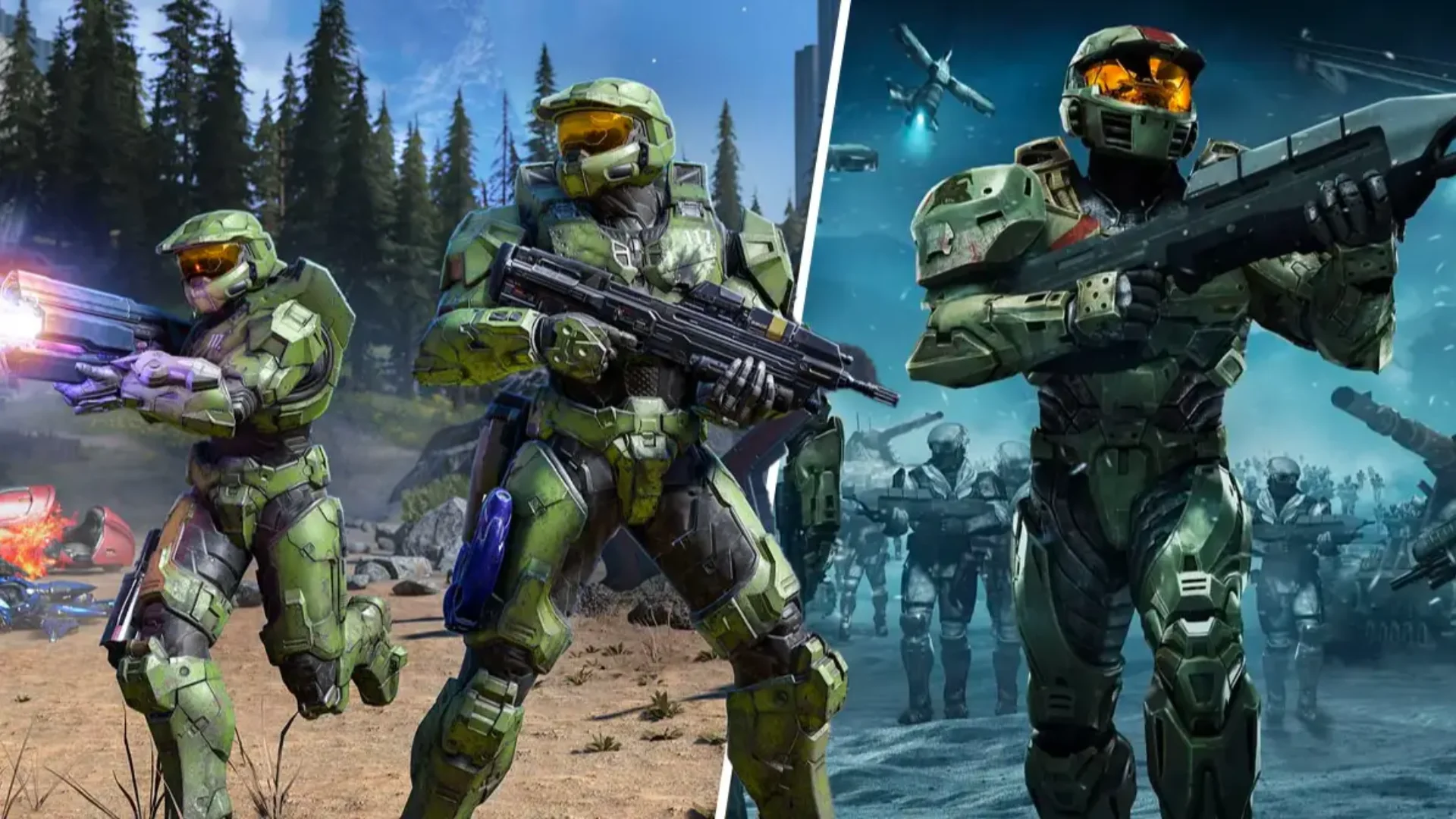 Master Chief appears in two Halo scenes carrying weapons across forest and military battlefield environments.