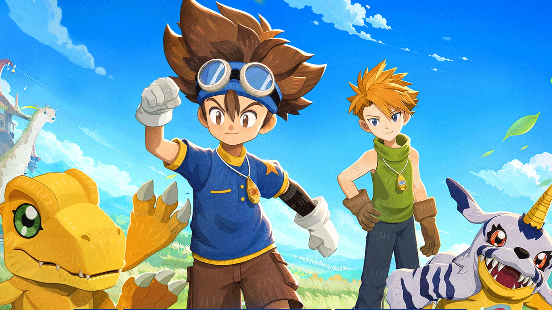 Taichi and Yamato stand beside Agumon and Gabumon in bright Digimon Adventure crossover artwork.