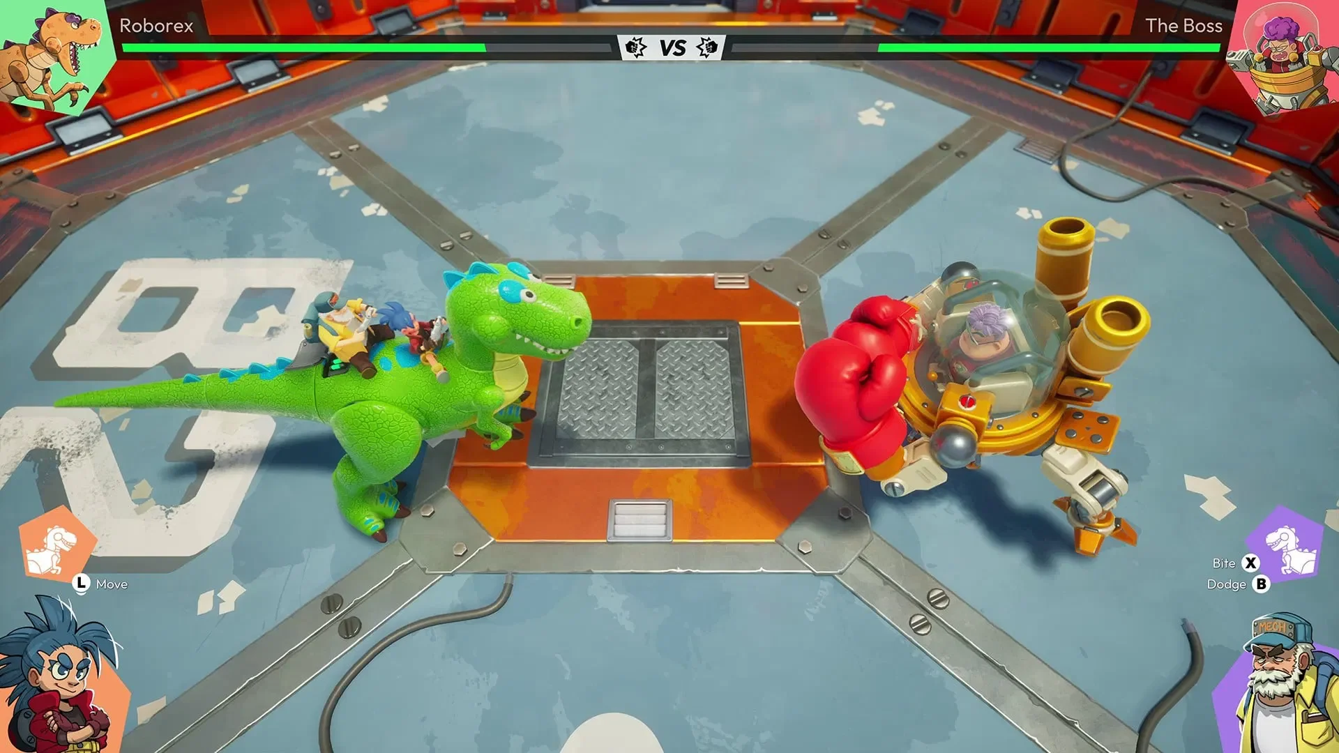 Two characters ride a green robotic dinosaur while facing a boxing mech boss in Age Twisters.