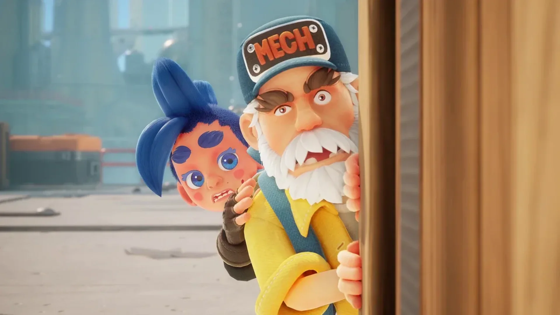 A grandfather and his blue-haired granddaughter peek around a doorway together in Age Twisters.