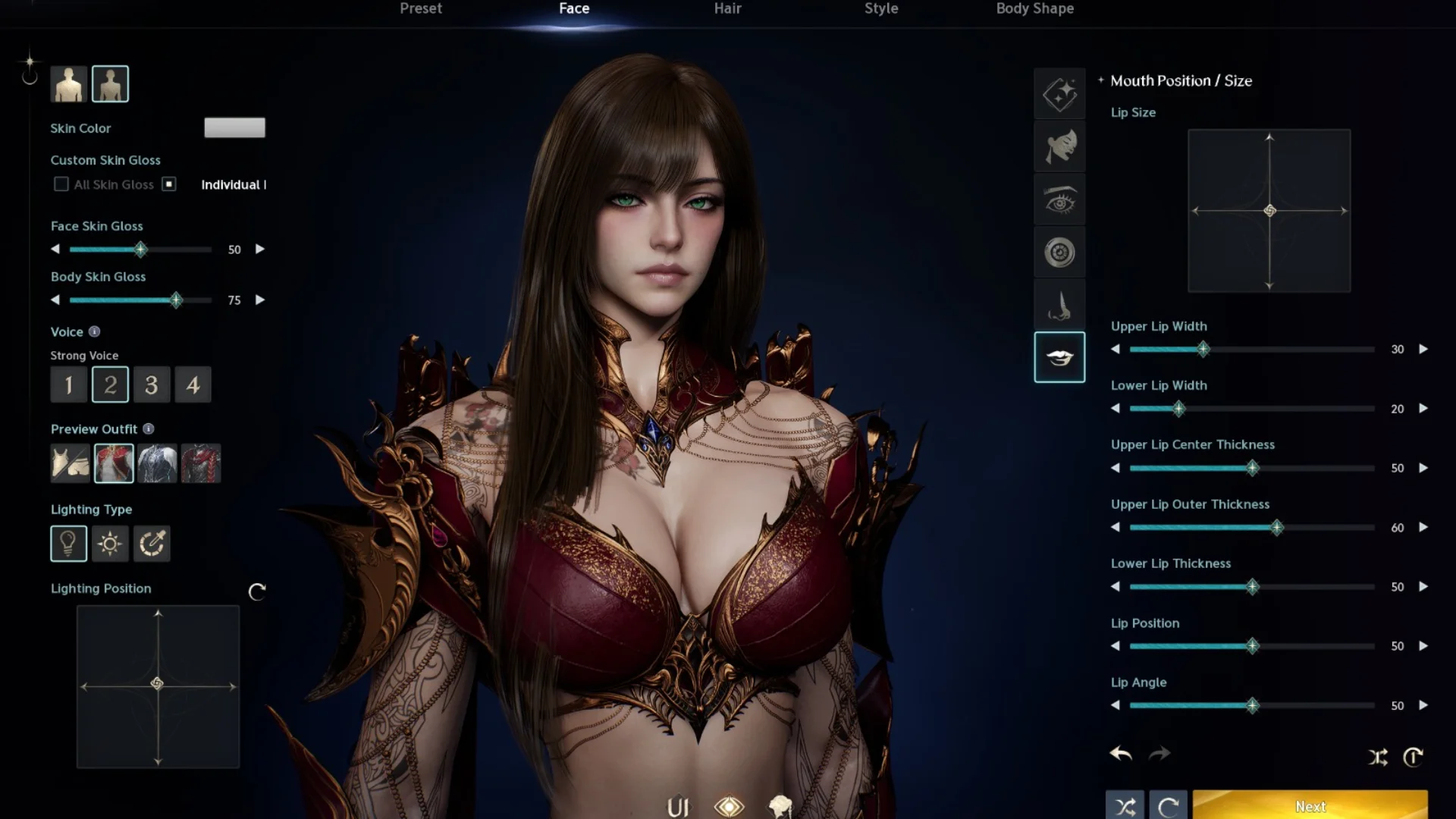 Aion 2 female character customization screen showing lip-size sliders, facial settings, and an armored character preview.