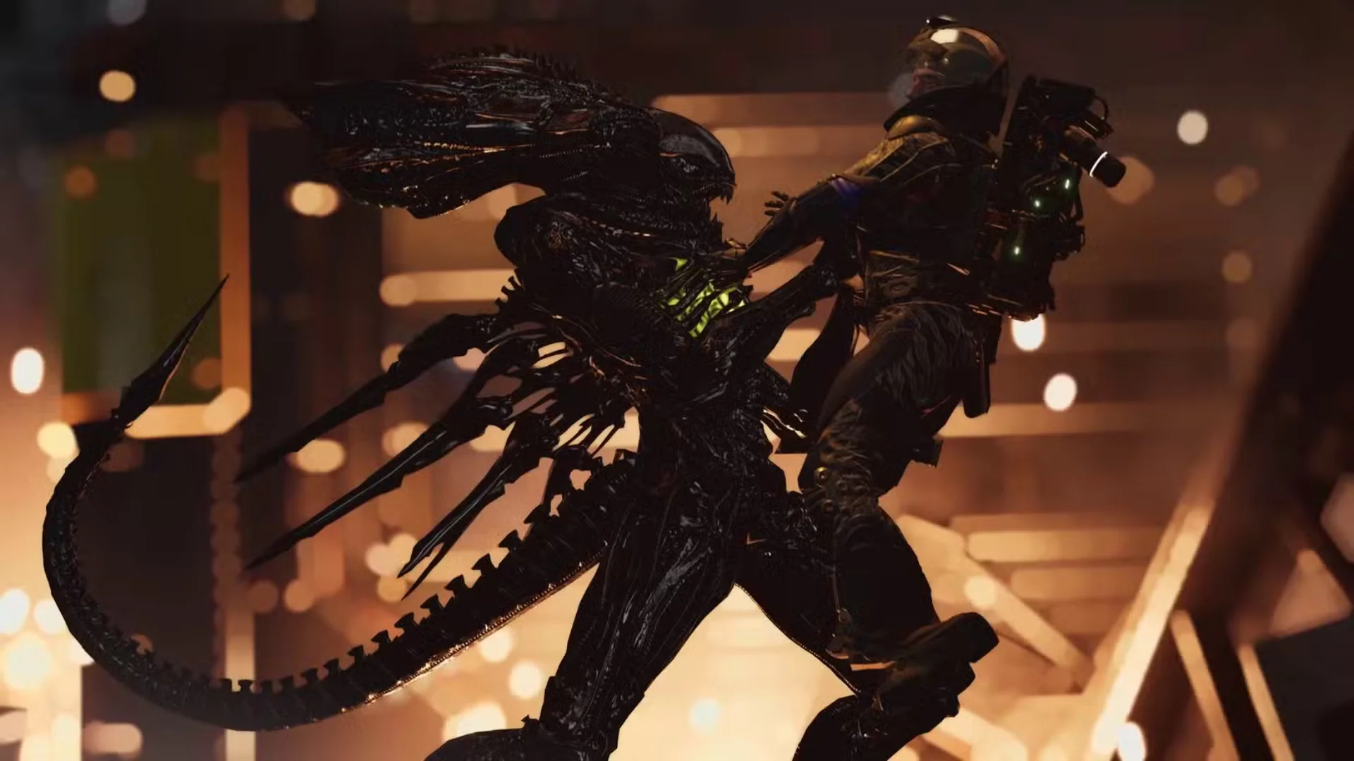 A Colonial Marine fires at armed enemies during an indoor firefight in Aliens: Fireteam Elite 2.