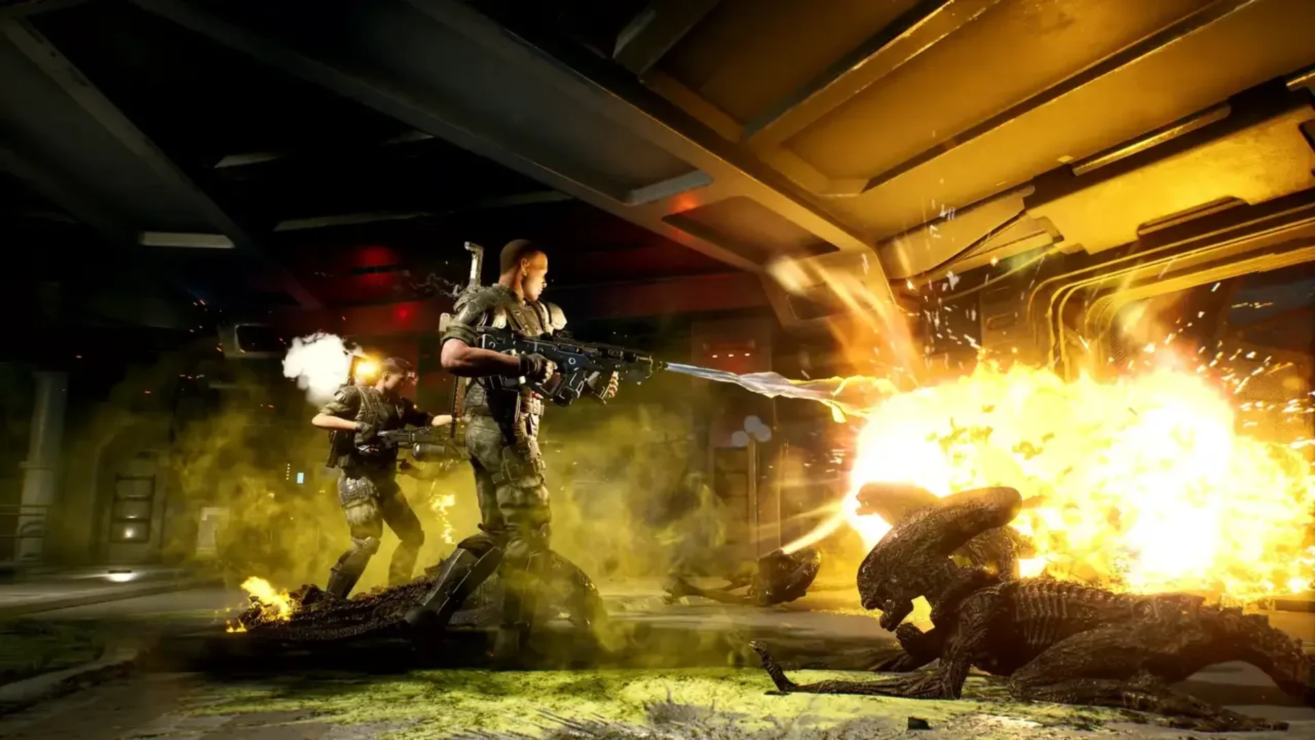 Aliens: Fireteam Elite Marines fighting Xenomorphs inside a facility